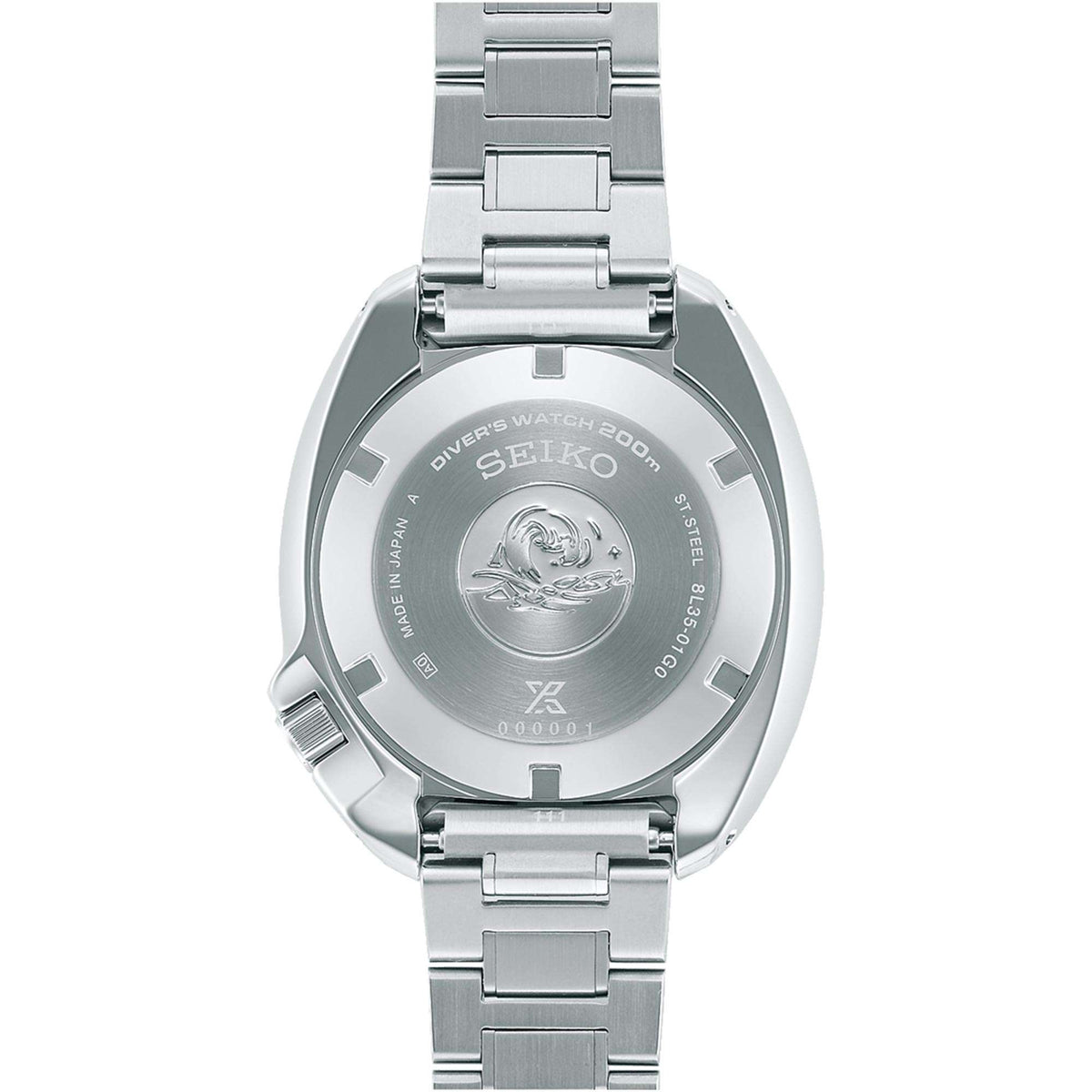 Stainless steel watch case back with SEIKO emblem and diver depth text, metal bracelet