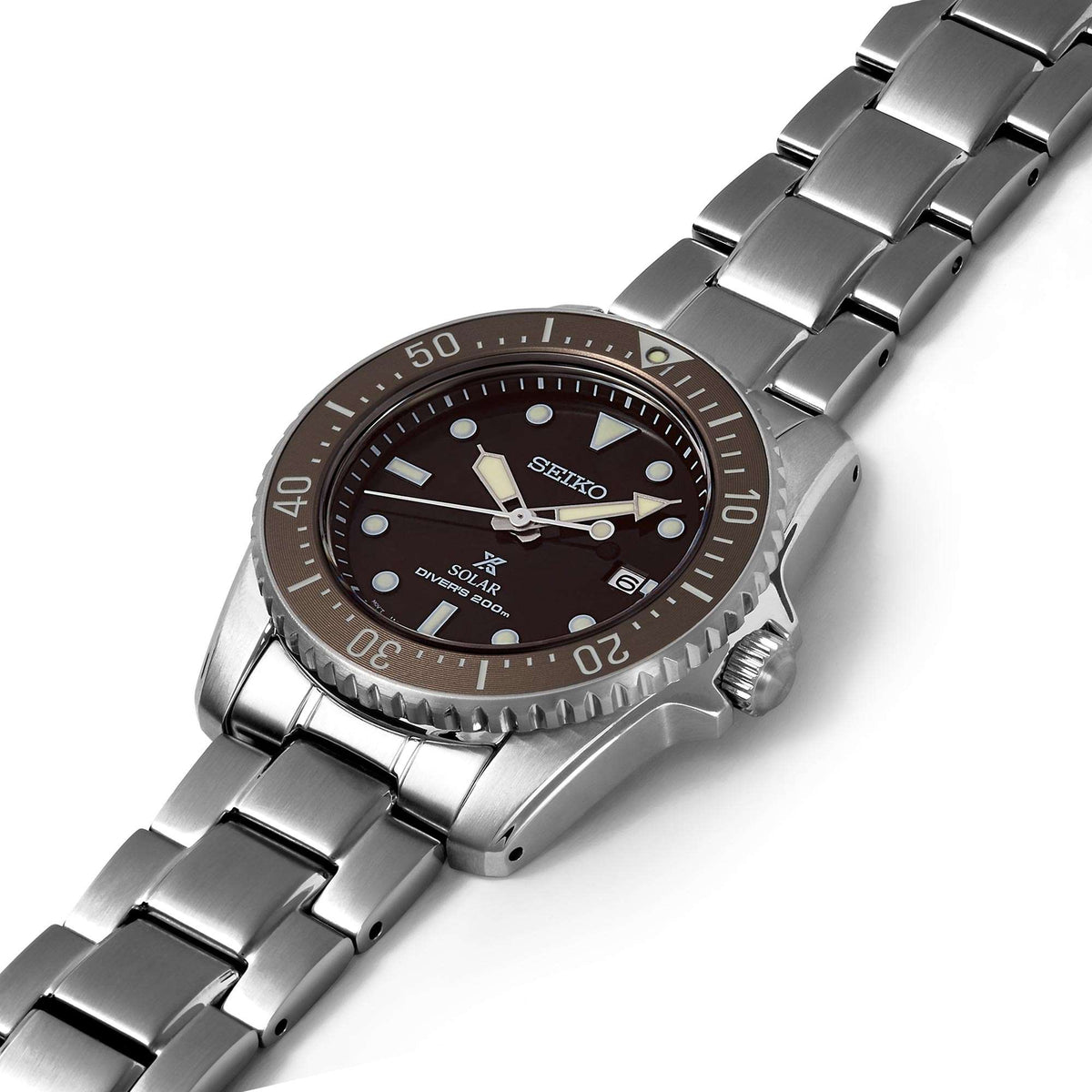 Men's Seiko solar diver watch with stainless bracelet, dark dial, and ridged bezel