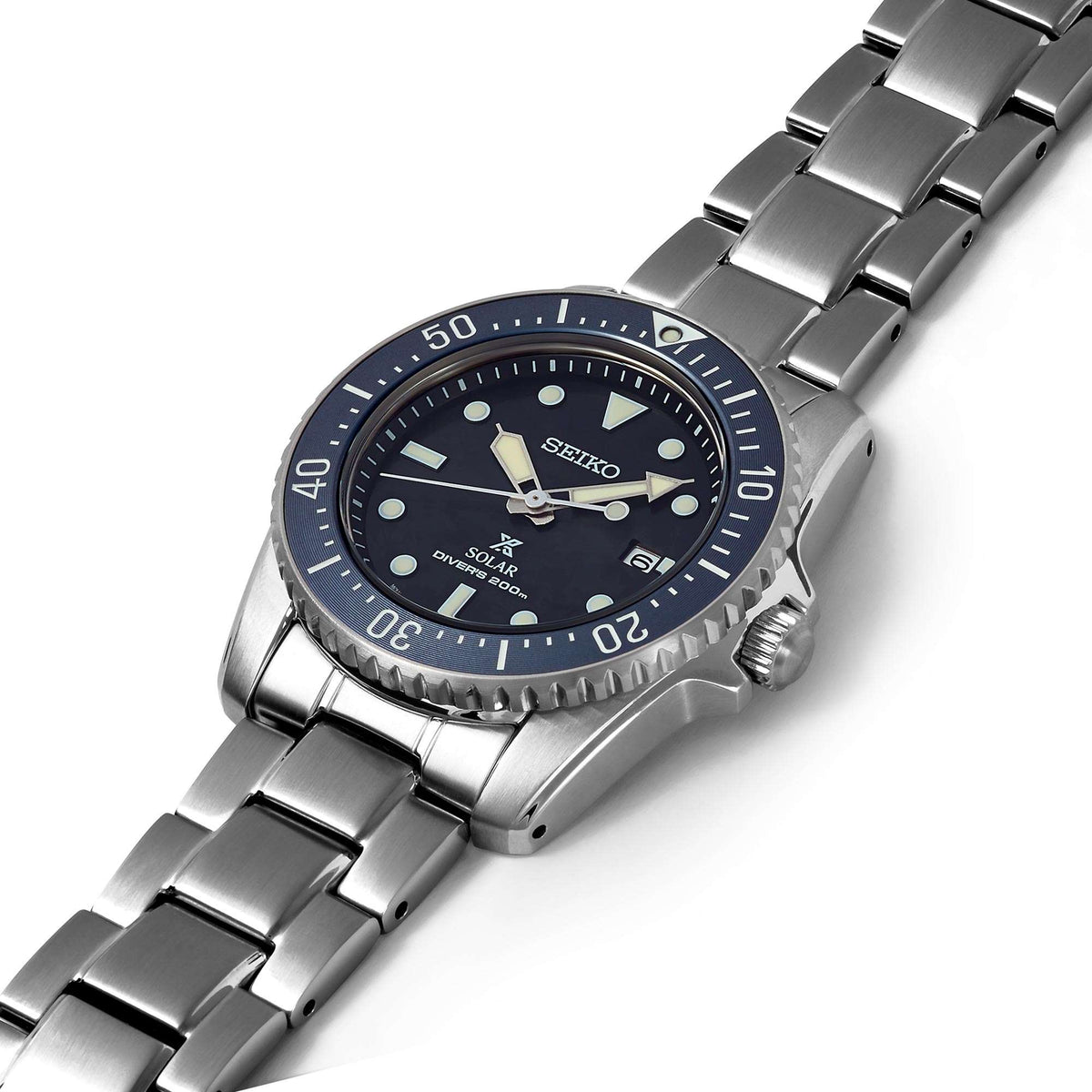 Men's solar diver watch on stainless bracelet, dark dial with blue bezel ring