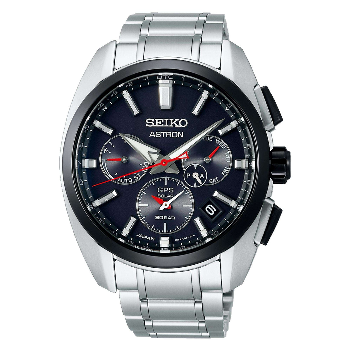 Men's titanium wristwatch with black dial, GPS solar markings, metal bracelet.