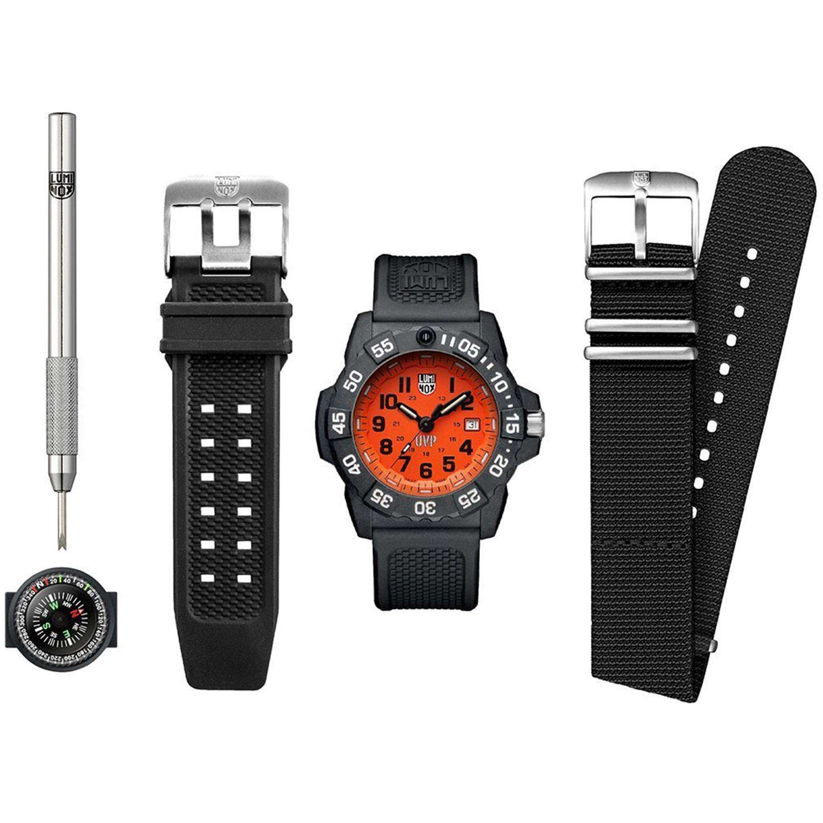 Men's quartz watch with orange dial and black rubber strap, metal buckle and accessories