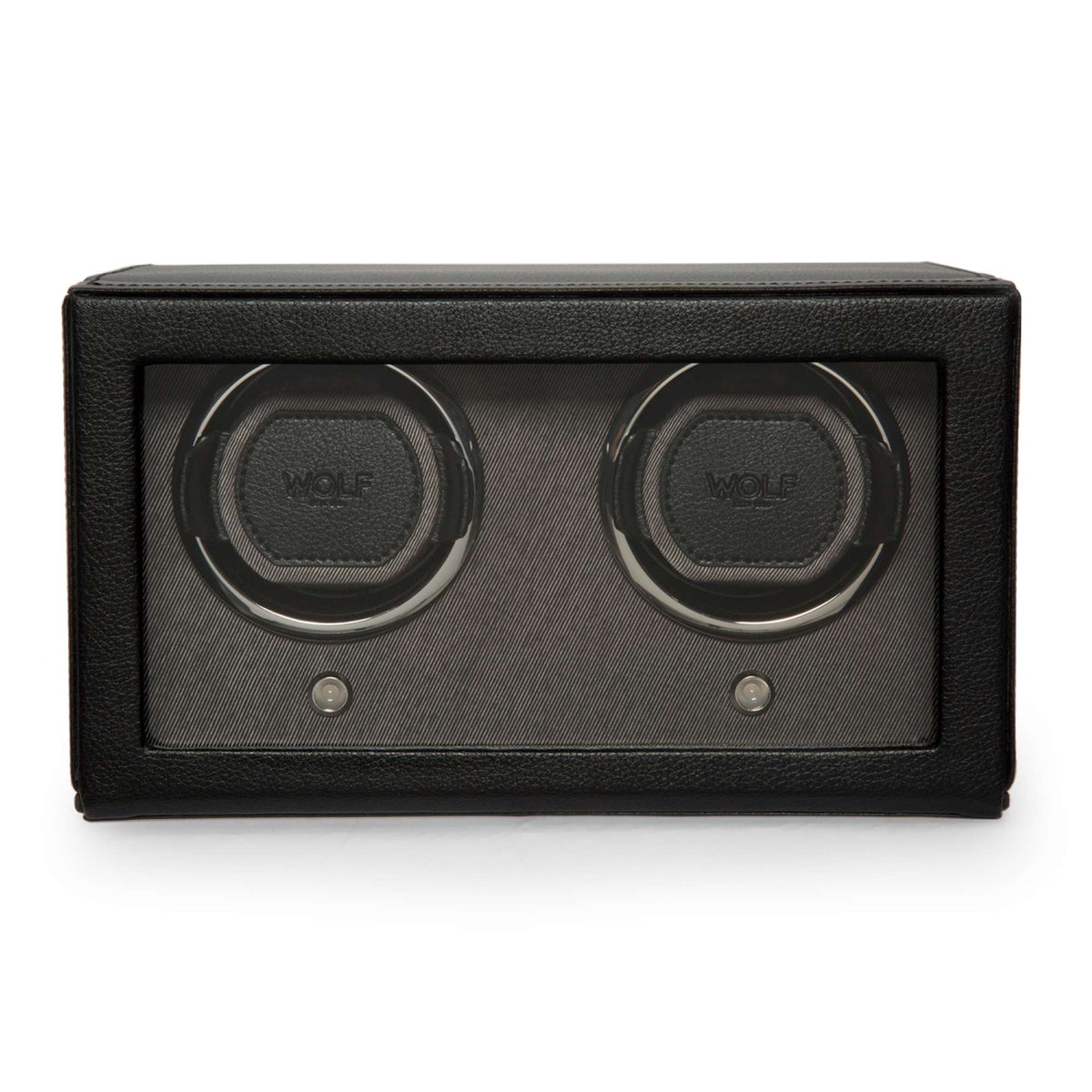Black double watch winder with two cushioned rotating watch cradles and clear top window
