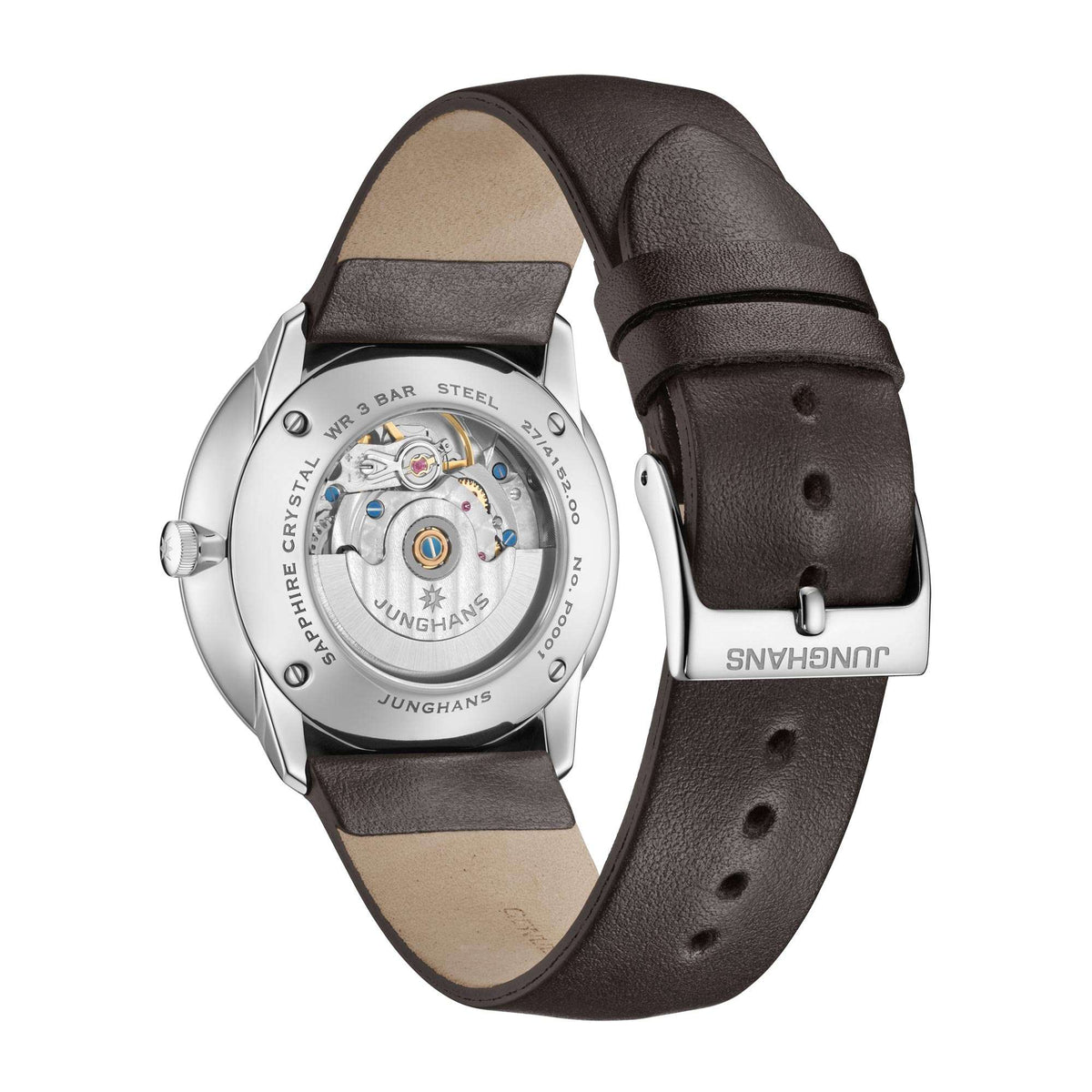 Men's automatic watch with see-through caseback and dark brown leather strap
