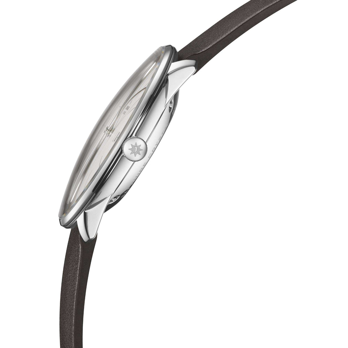 Men's automatic watch side profile with crown and dark brown leather strap