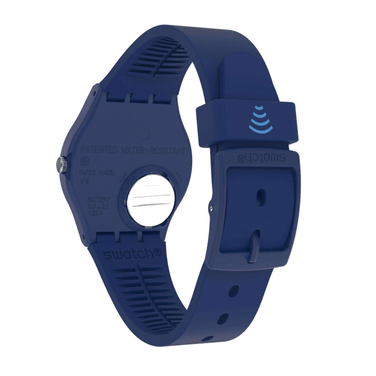 Blue watch case back with silicone strap, textured detailing and sensor icon