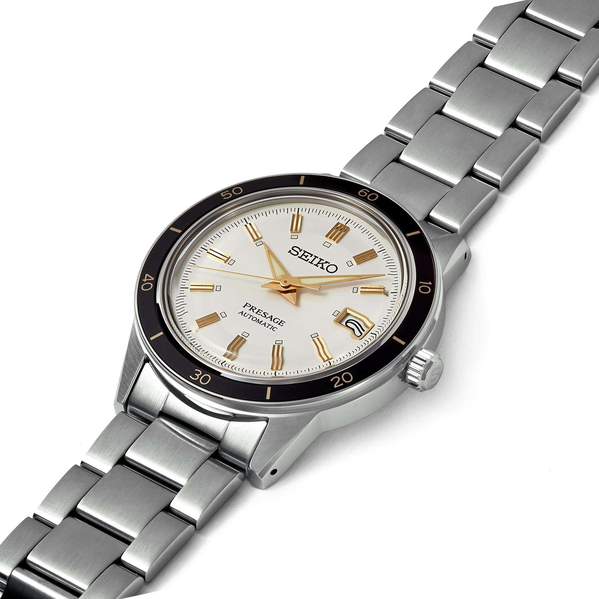 Men's stainless-steel bracelet watch with white dial, gold accents, and black date window