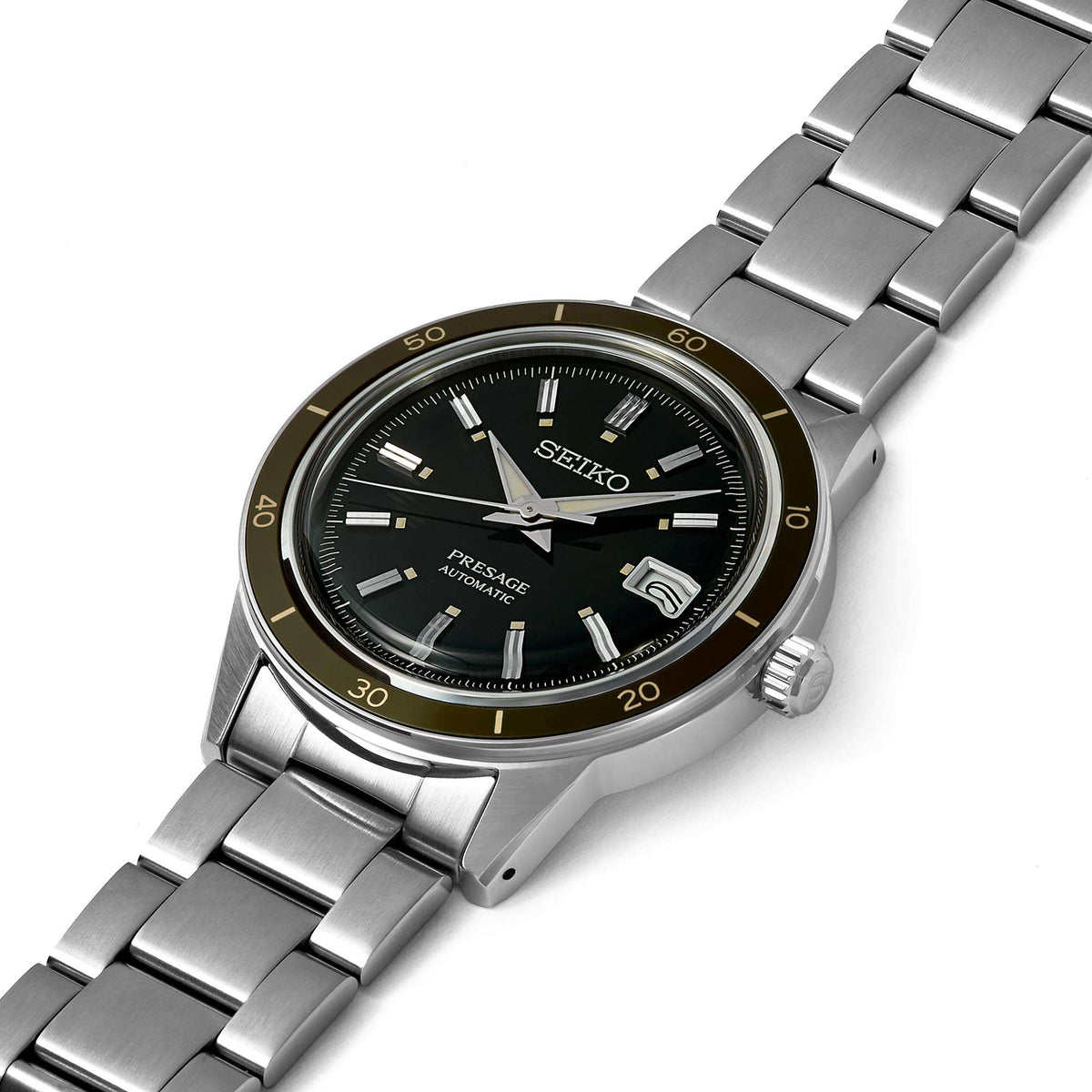 Stainless steel wristwatch with black dial, baton hands, and metal bracelet, angled