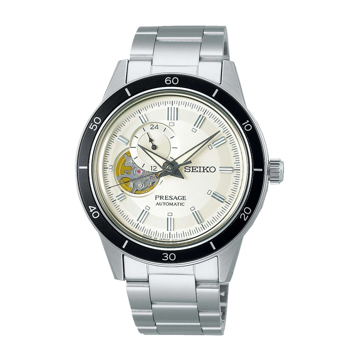 Men's stainless steel automatic watch with silver dial, black bezel, link bracelet