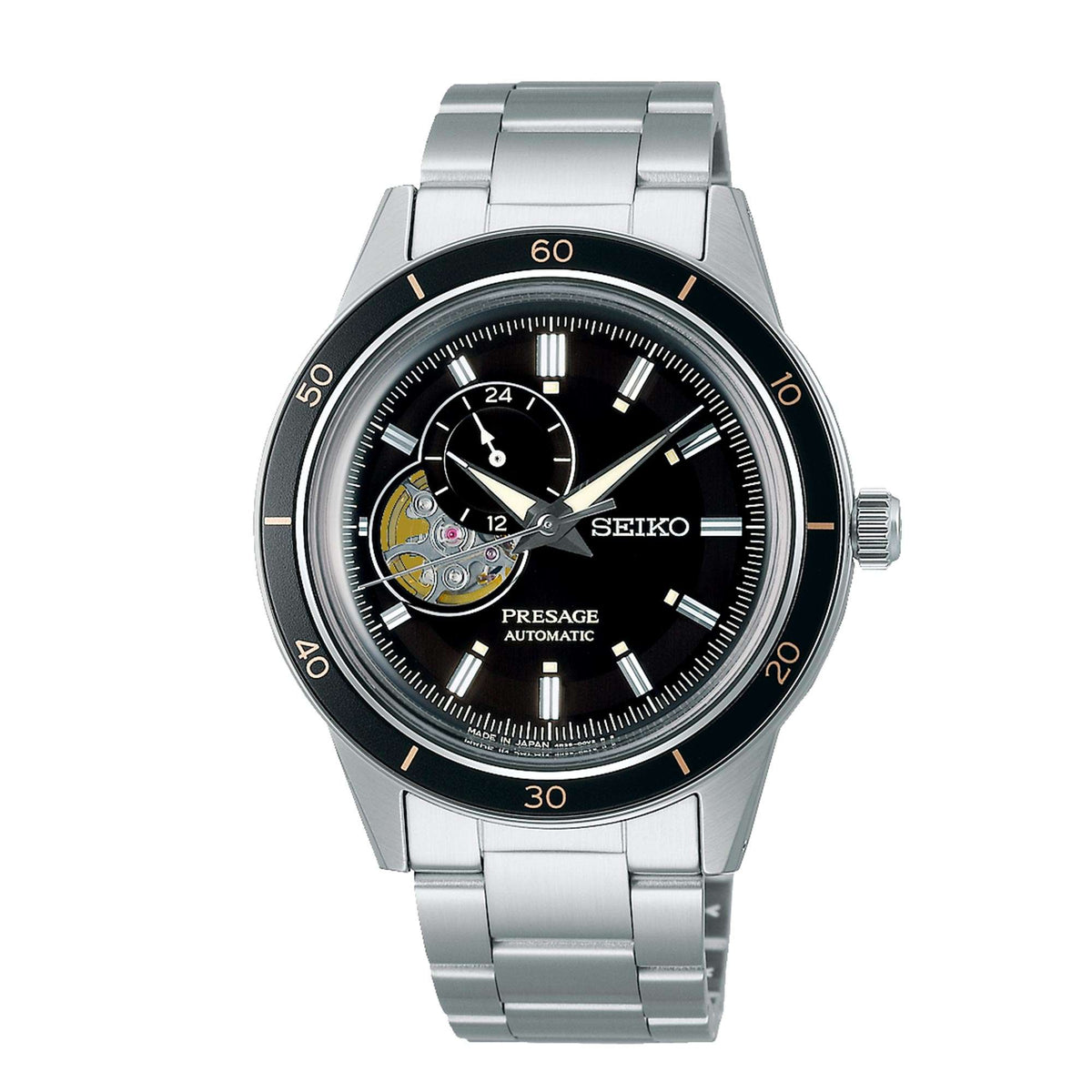 Men's Seiko Presage automatic watch with black dial and silver stainless steel bracelet