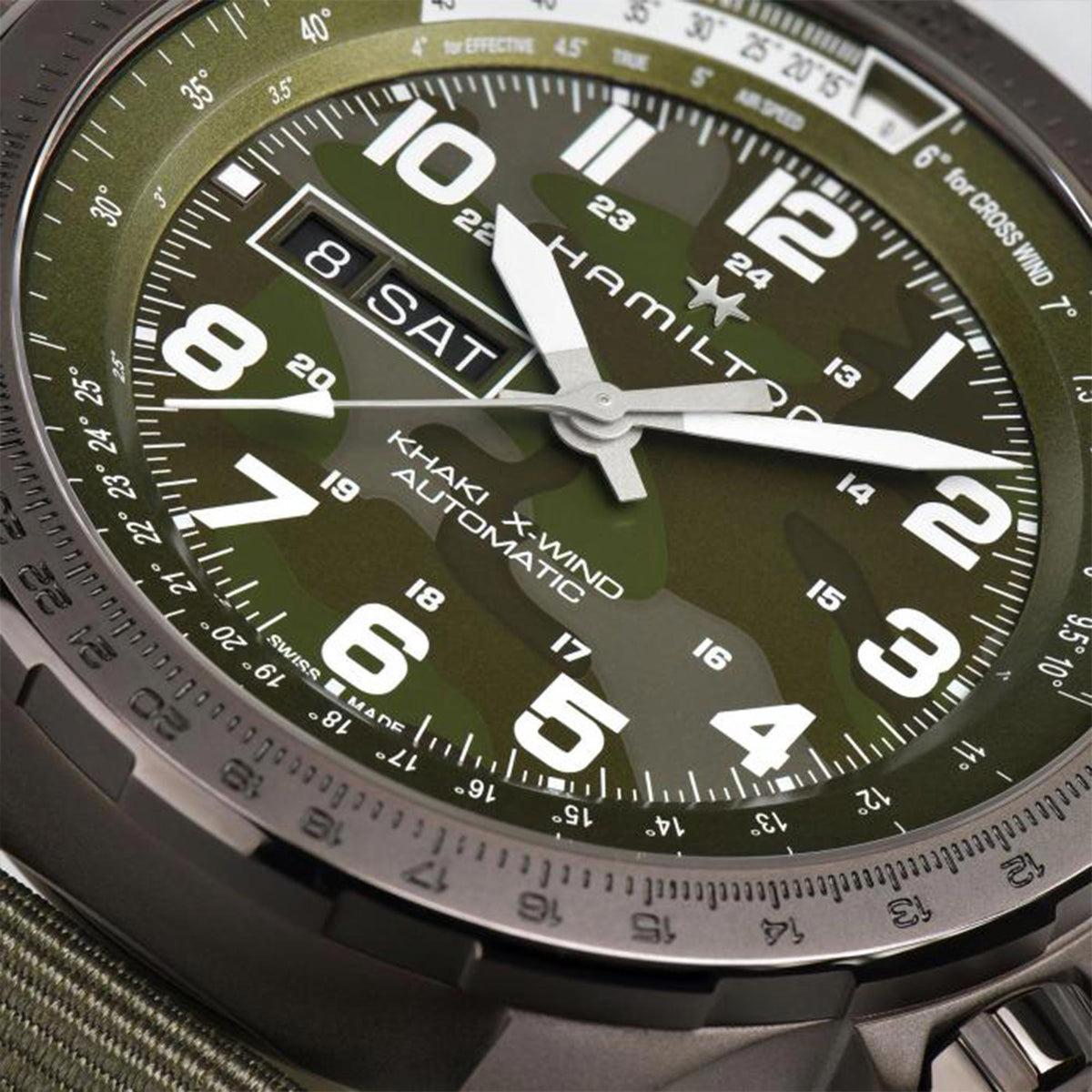 Hamilton H77775960 textured green dial with day-date close-up 