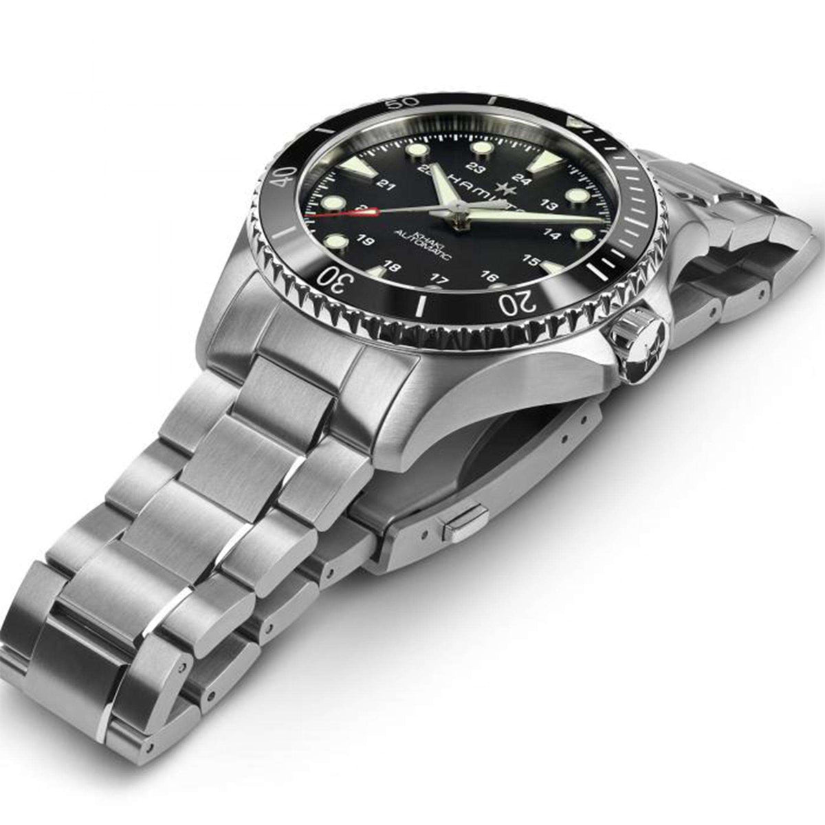 Hamilton Khaki Navy Scuba H82515130 stainless steel case with screw-down crown side profile