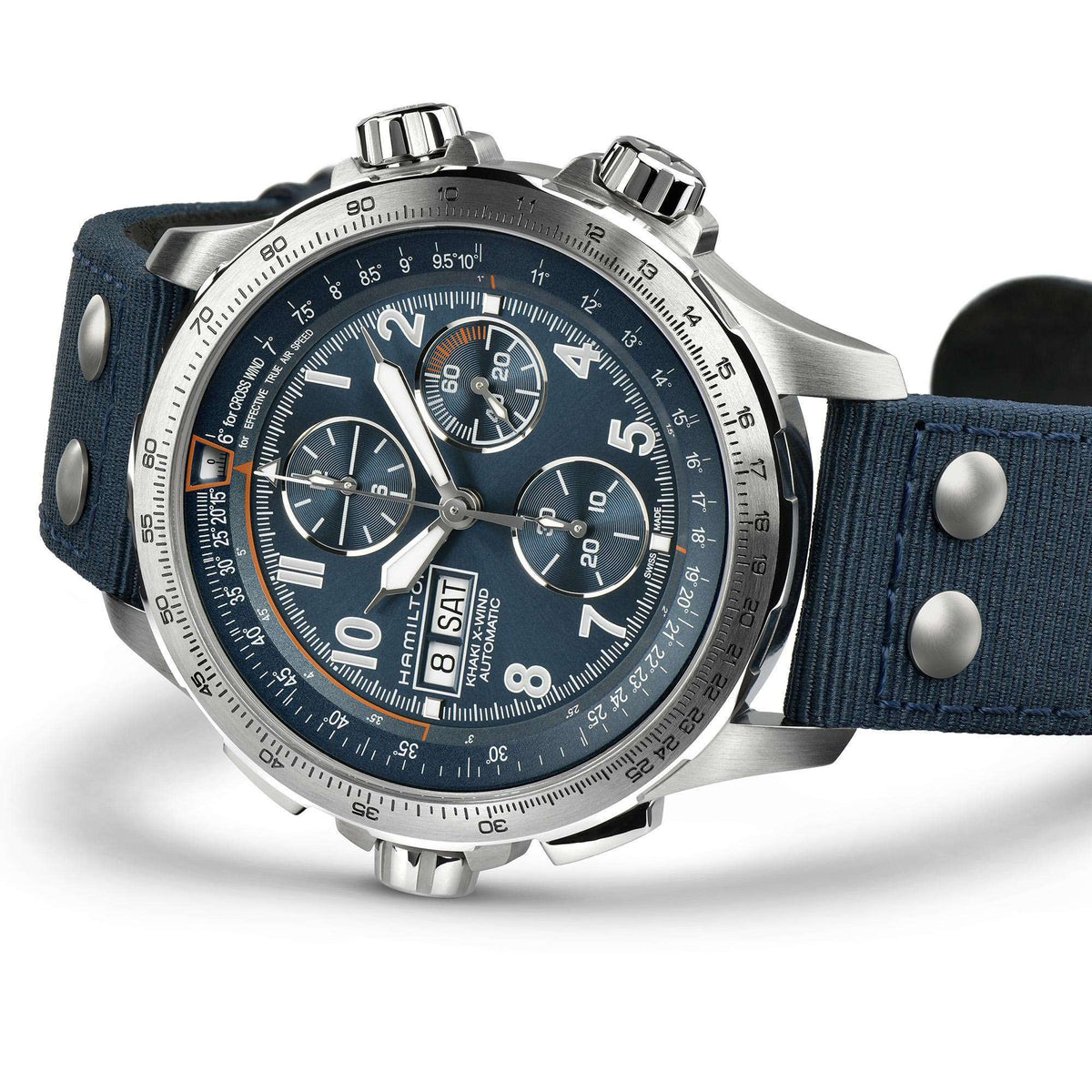Men's blue dial chronograph watch with silver case and blue textile strap