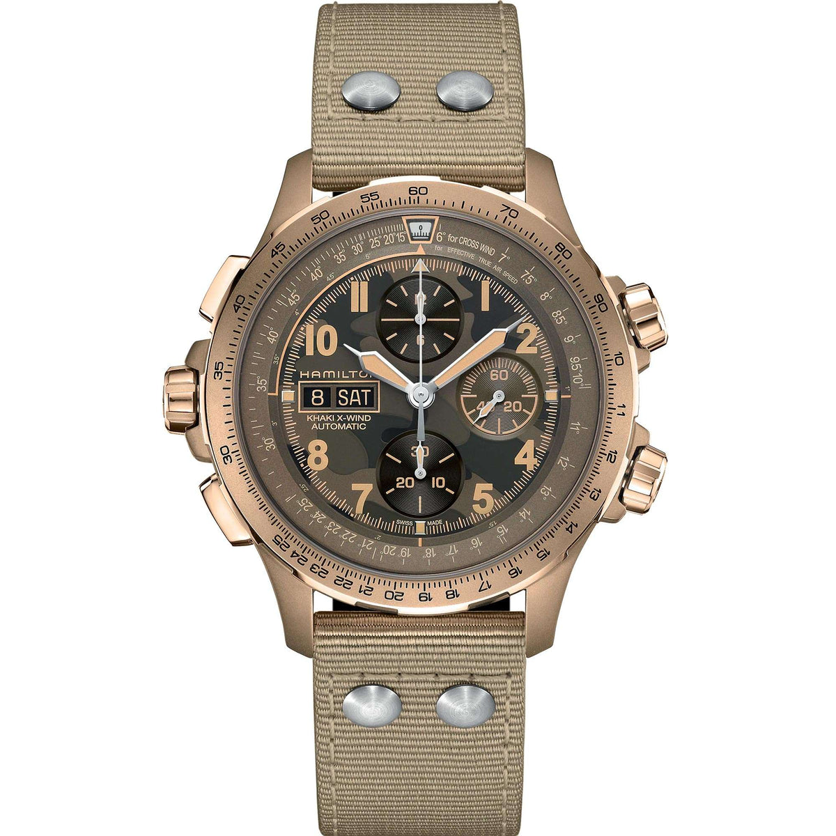 Hamilton Khaki Aviation 45mm chronograph brown dial textile automatic watch H77916920 front view