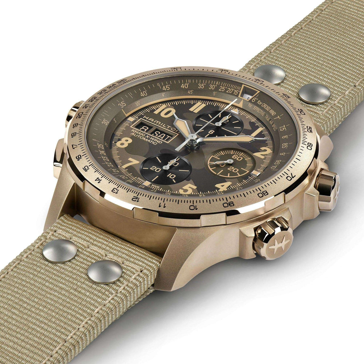 Hamilton Khaki Aviation X-Wind H77916920 oversized crown and two pushers detail 