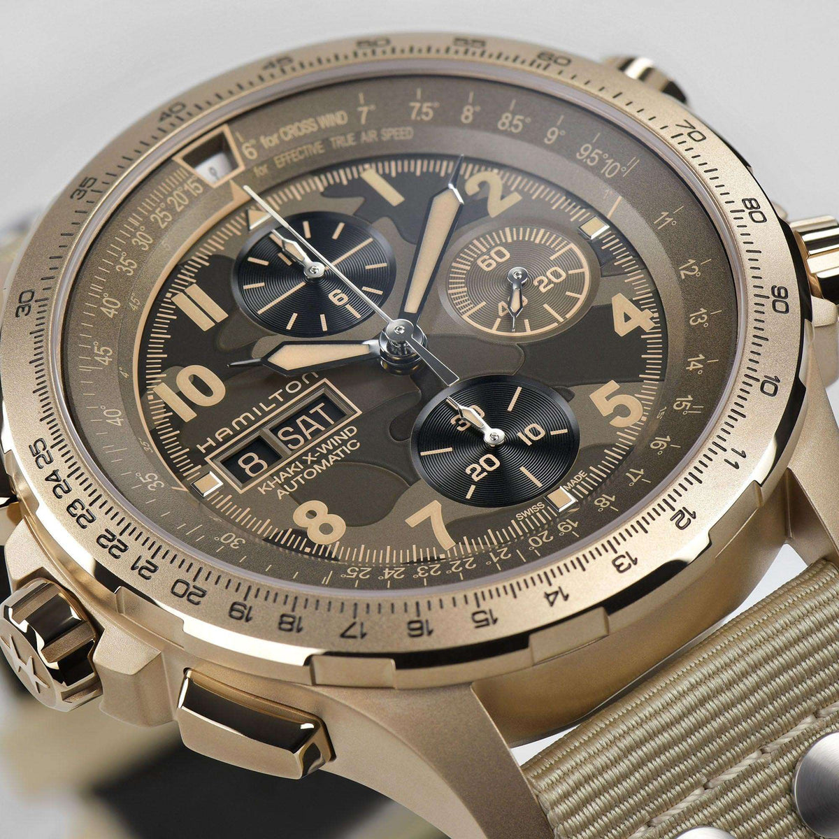 Hamilton H77916920 brown camo dial with three chronograph sub-dials and day-date close-up  
