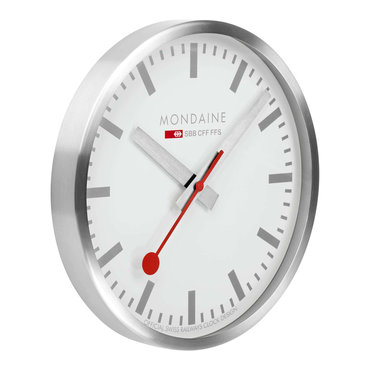 Silver case wall clock with white dial, red second hand, gray hour/minute markers