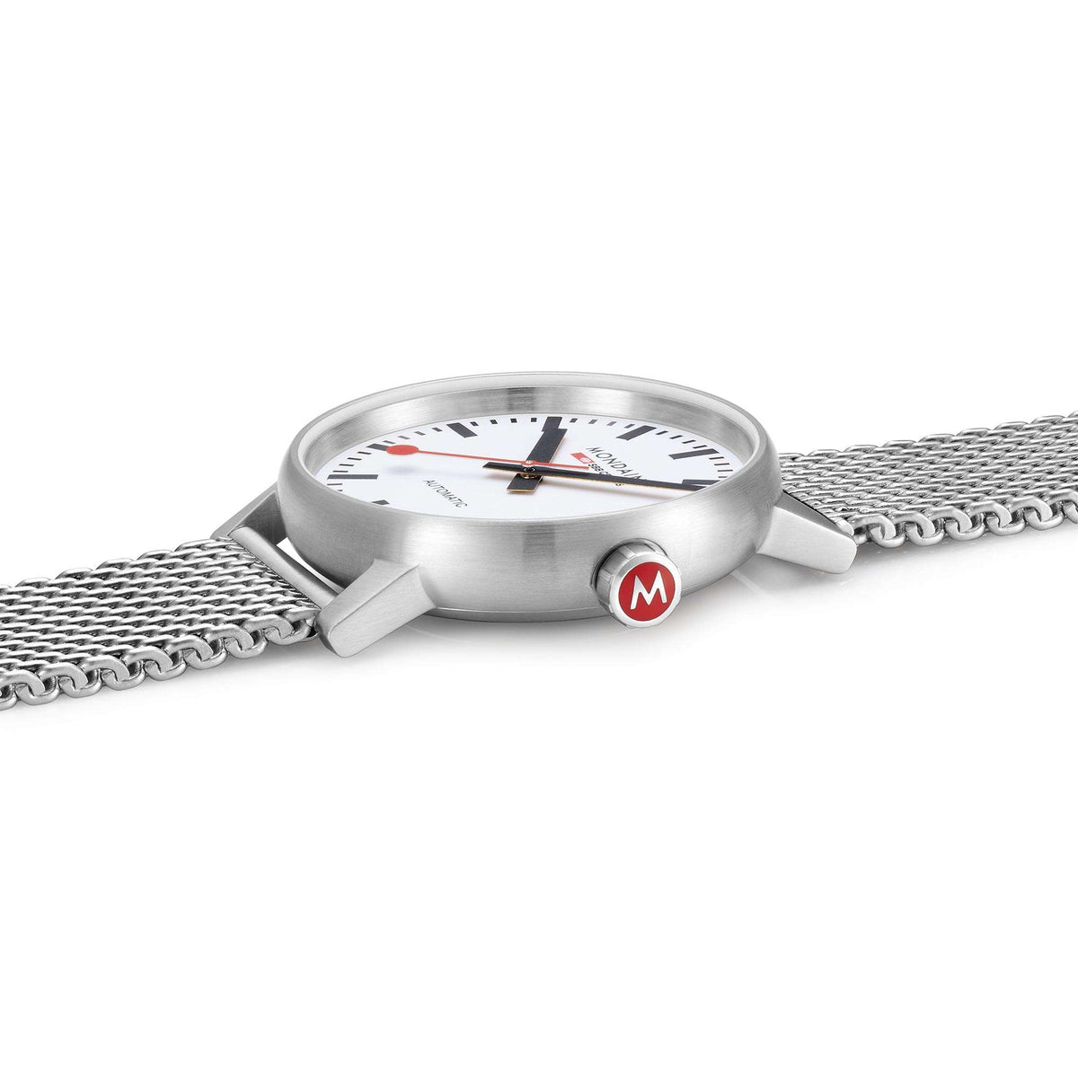 Stainless steel automatic watch with white dial and mesh bracelet, angled side view