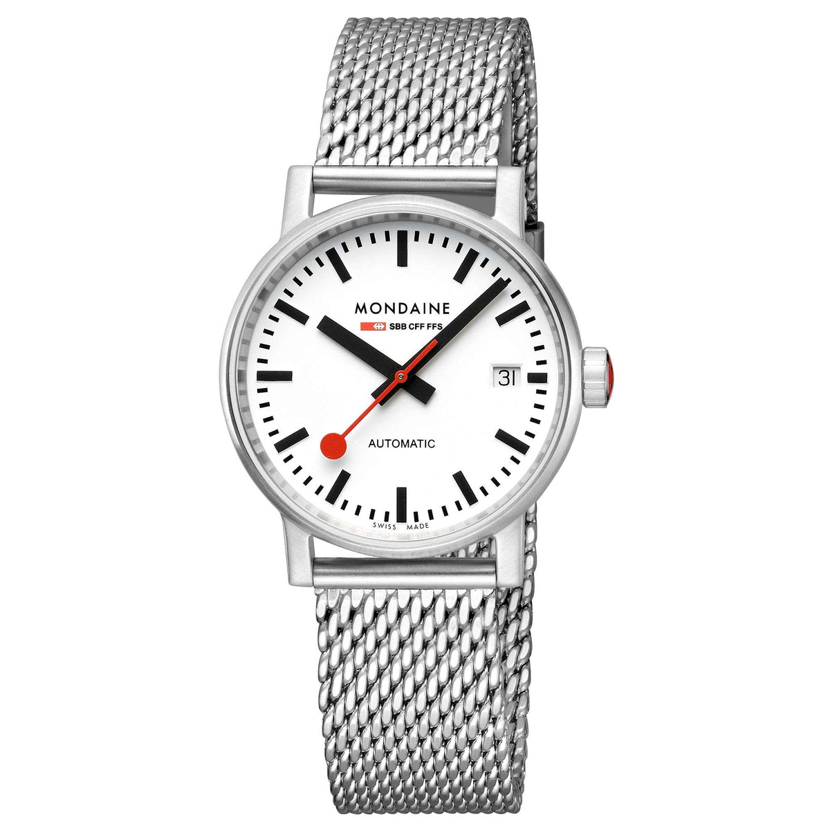 Mondaine Evo2 MSE.35610.SM Swiss railway automatic watch, front view with white dial, date display, and mesh bracelet