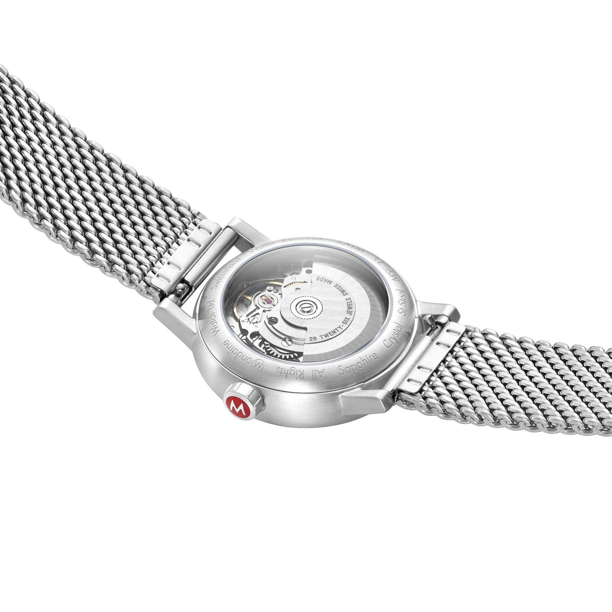 Mondaine Evo2 MSE.35610.SM self-winding watch, angled back view displaying a see-through exhibition case back