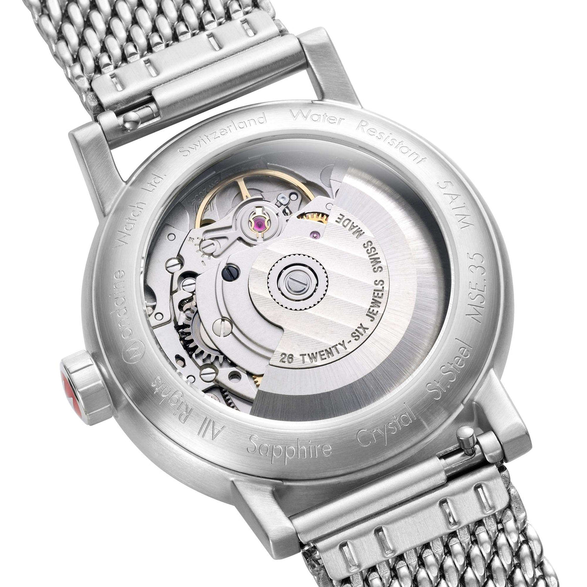 Mondaine Evo2 MSE.35610.SM analog watch close-up back view revealing 26-jewel automatic movement rotor