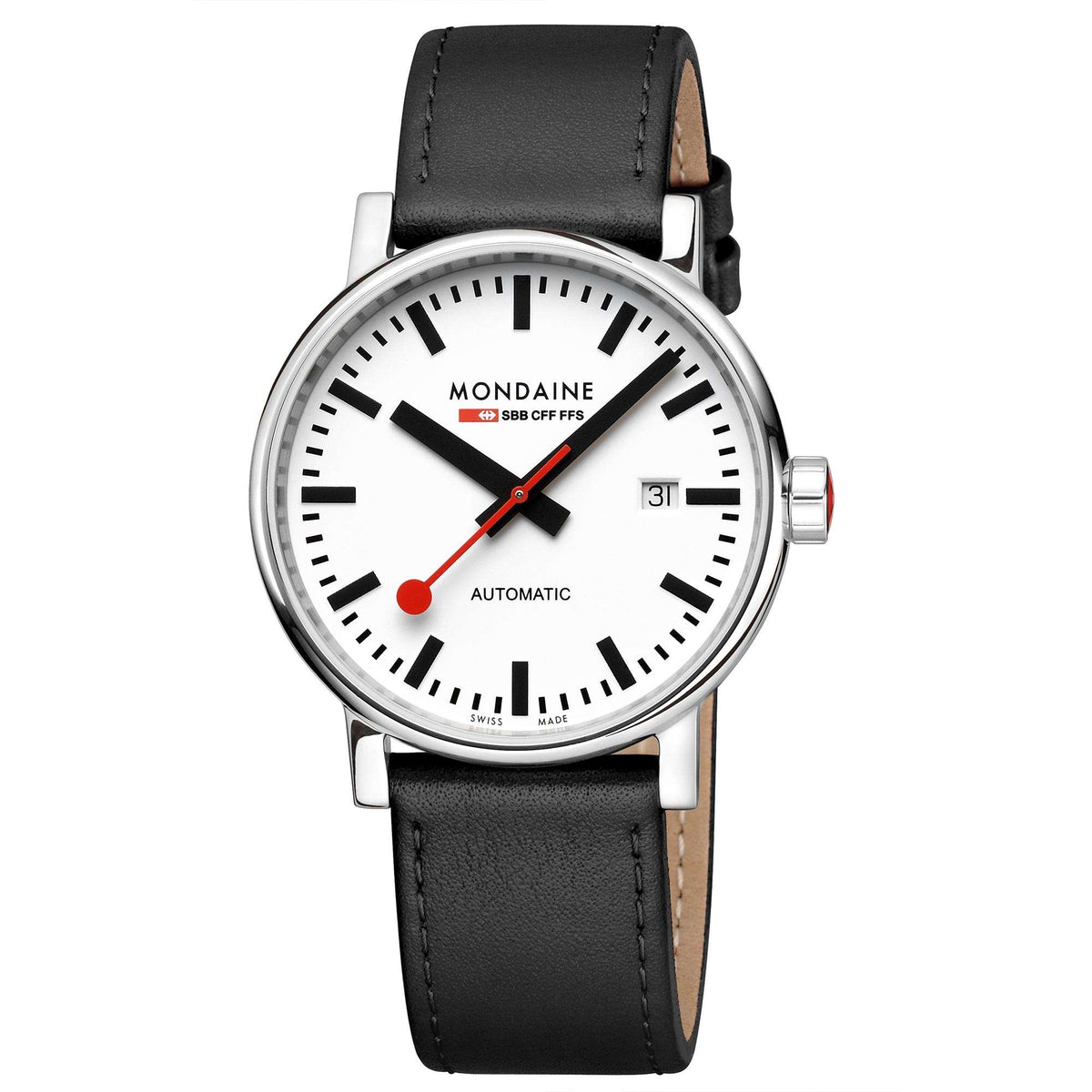 Automatic watch with white dial and black leather strap, date window at 3 o’clock