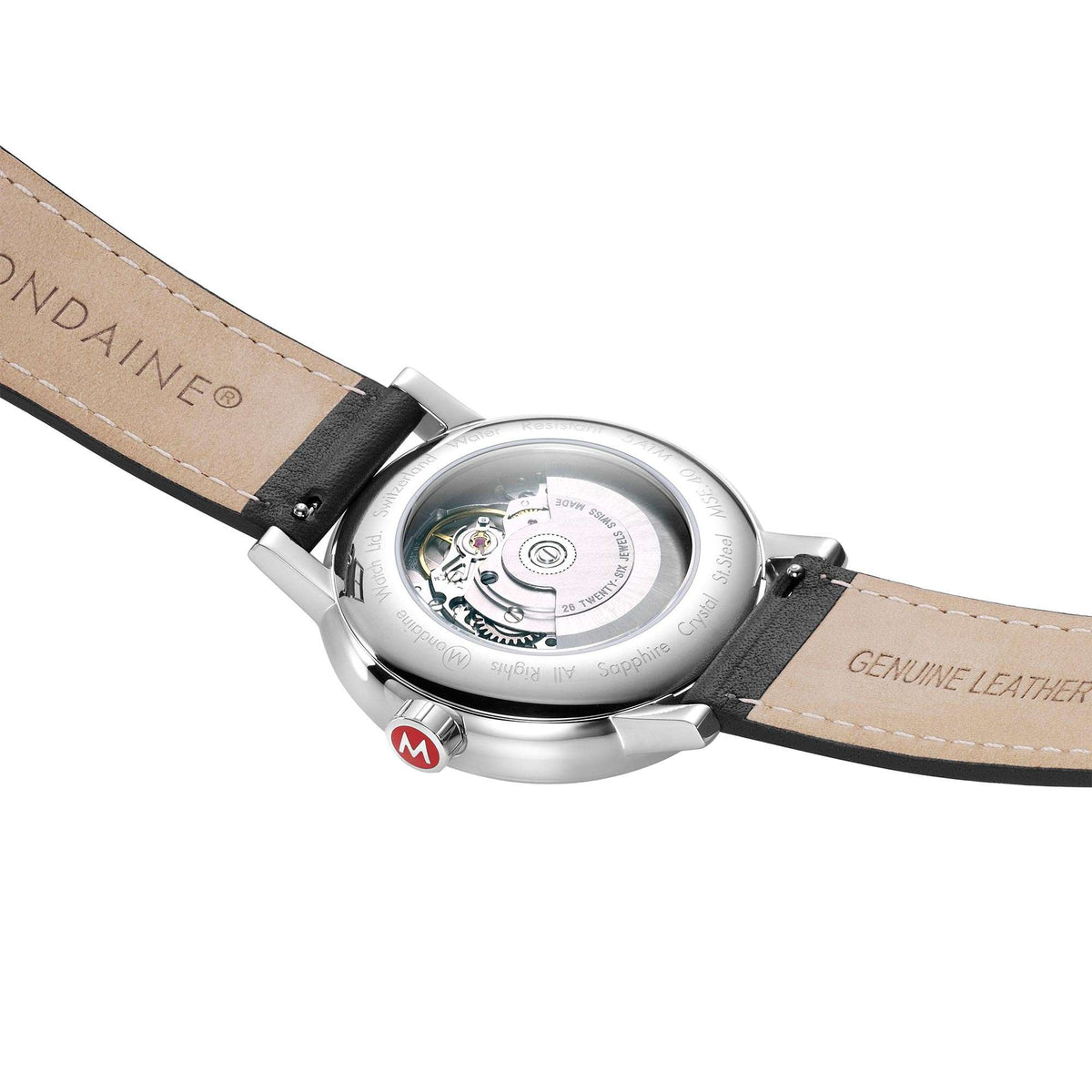 Back view automatic watch with leather strap and stainless steel case back
