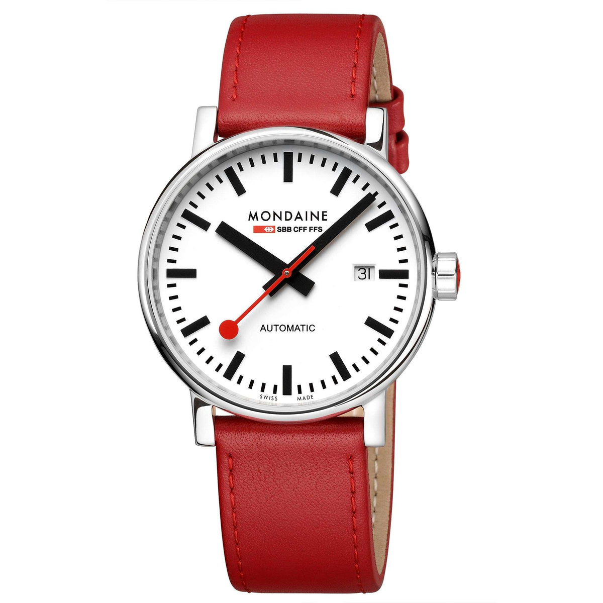 Mondaine men's automatic watch with white dial, red leather strap, date window at 3