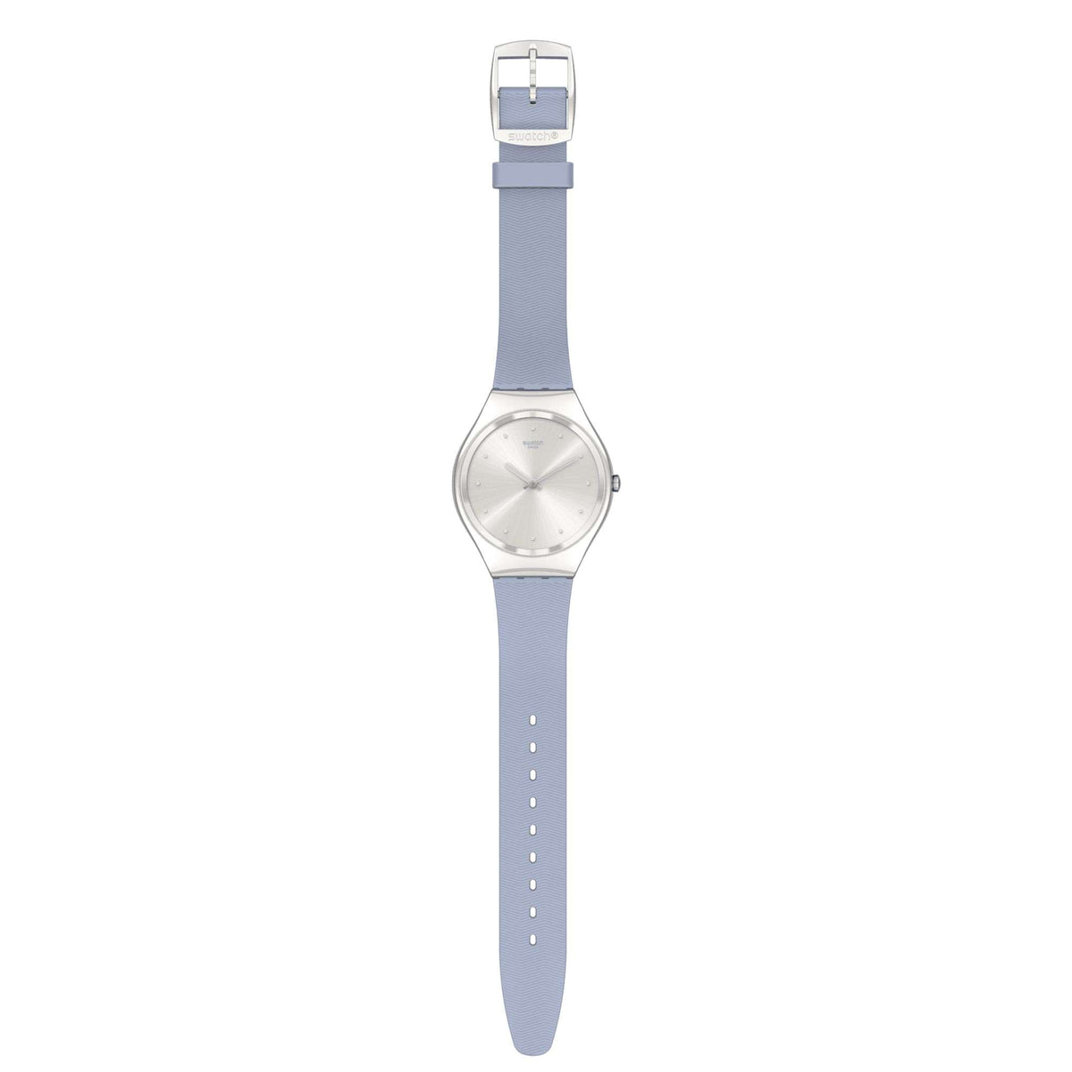 Ladies quartz watch with blue silicone strap and silver round case, white dial facing up