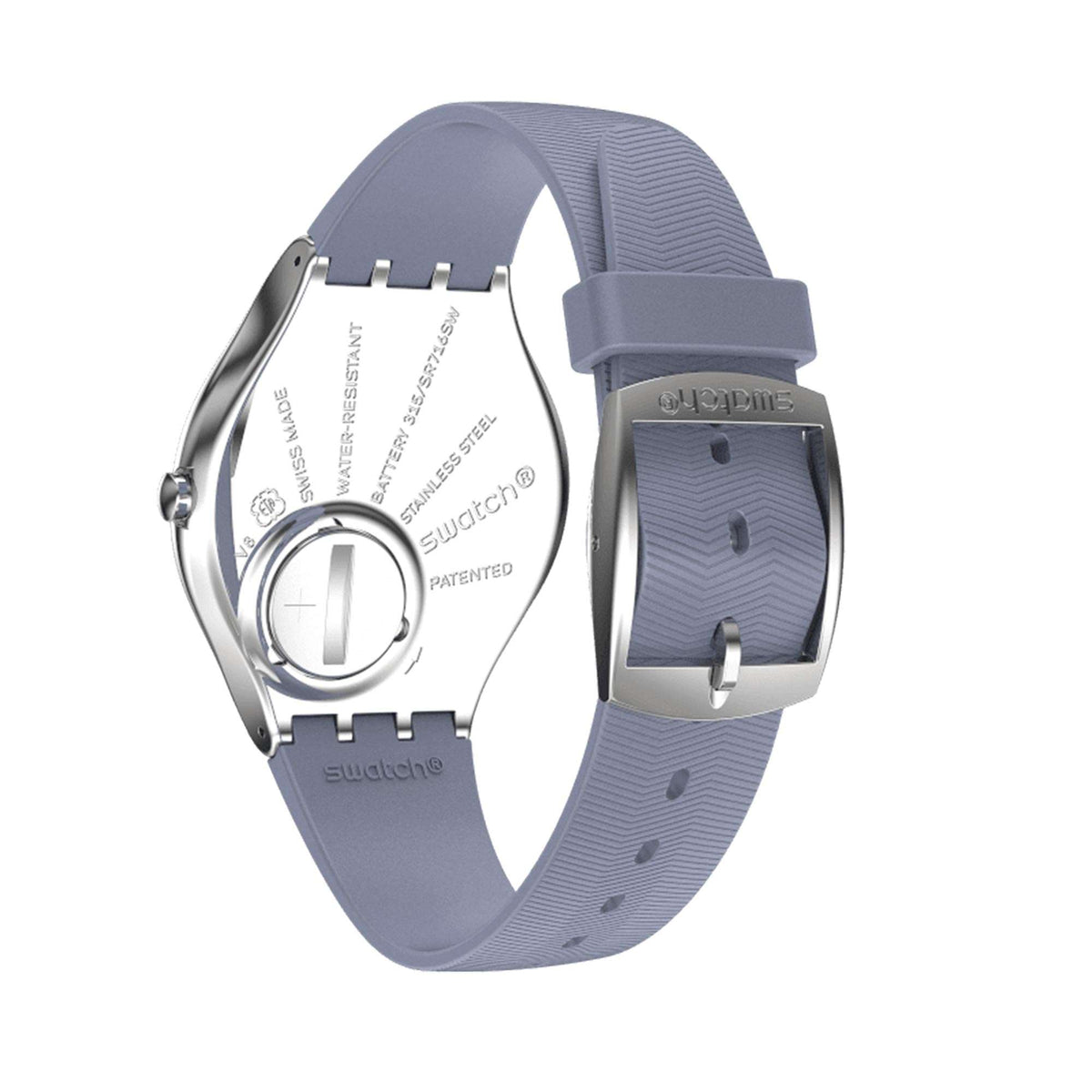 Ladies quartz watch with blue silicone strap, silver caseback and strap details visible