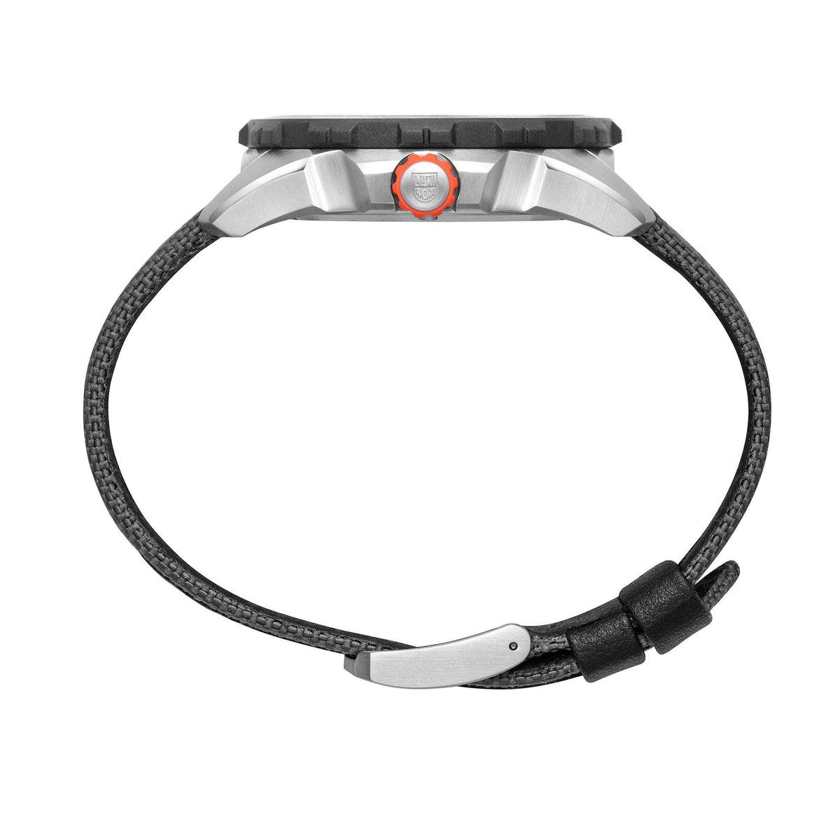 Watch with black fabric strap and silver buckle, orange adjustment accent