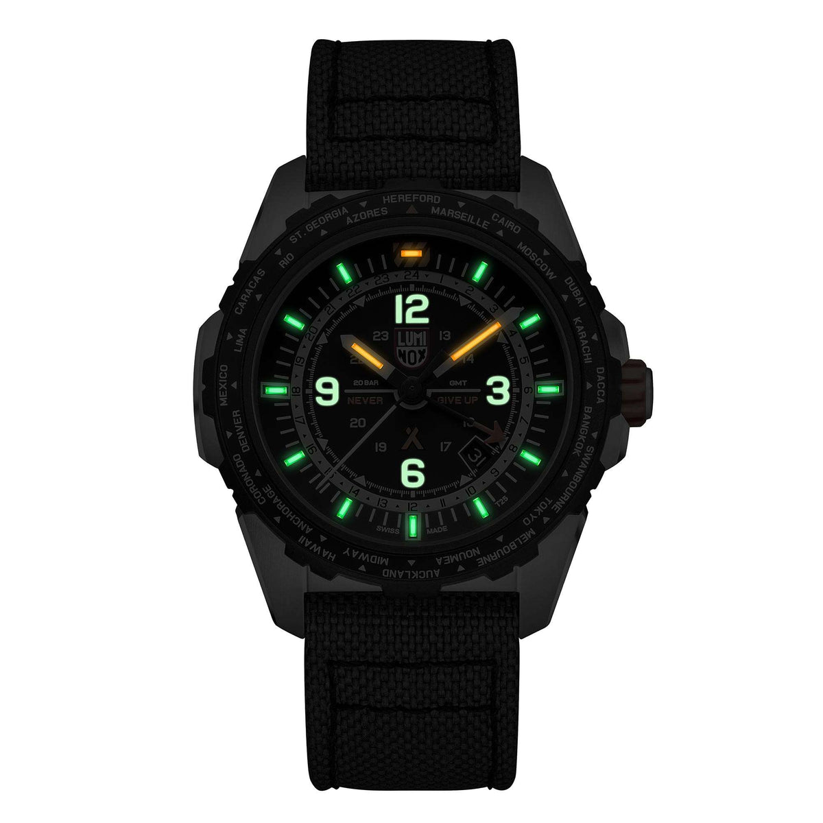 Men's survival watch with black dial, green luminous markers, black fabric strap