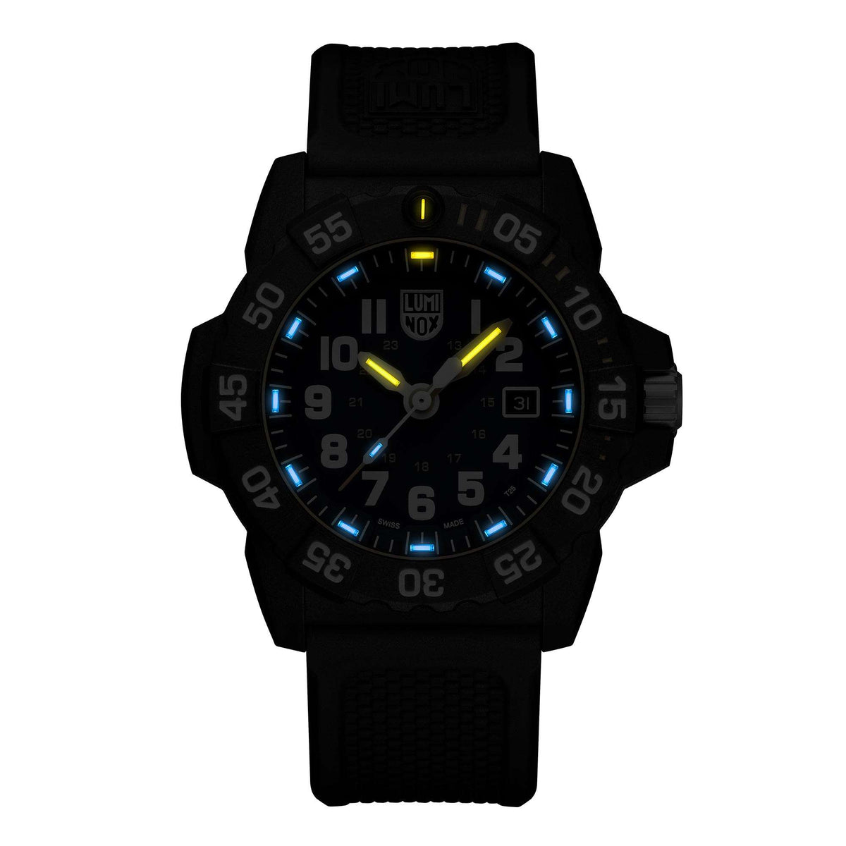 Men's quartz dive watch with blue dial and glowing accents, black rubber strap, date window at 3