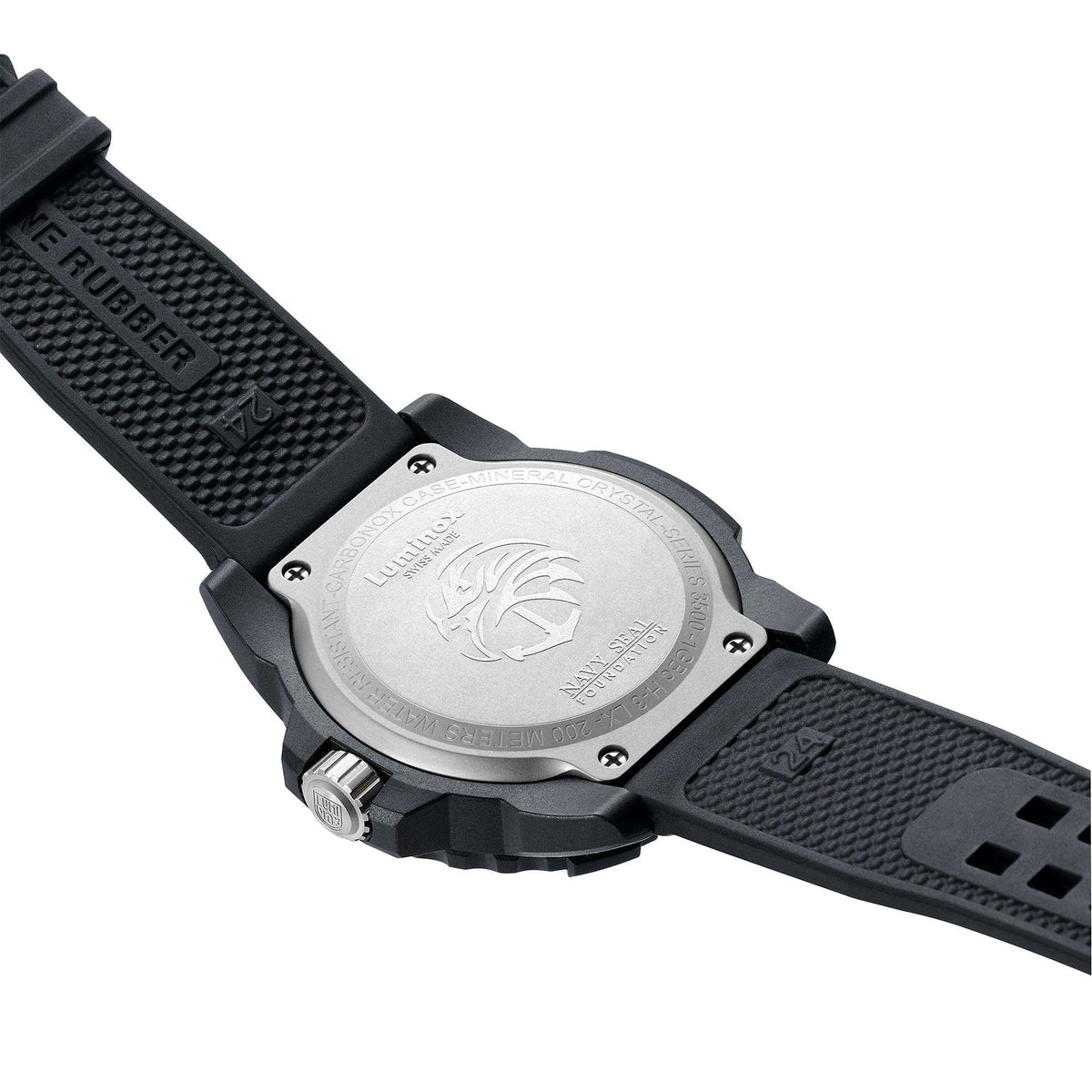 Back of men's rubber strap quartz watch with metal caseback and engraved Luminox logo