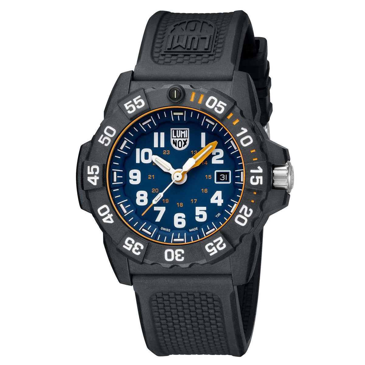 Men's quartz dive watch with blue dial, orange accent ring, and black rubber strap