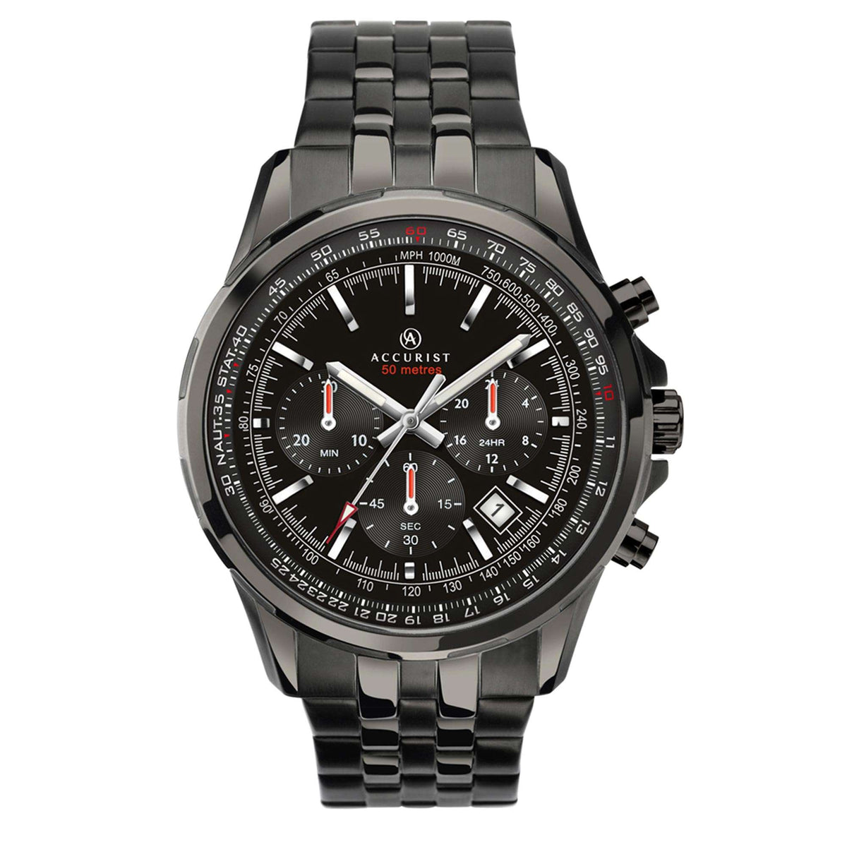 Men's chronograph quartz watch with black dial, red accents, and black PVD steel bracelet