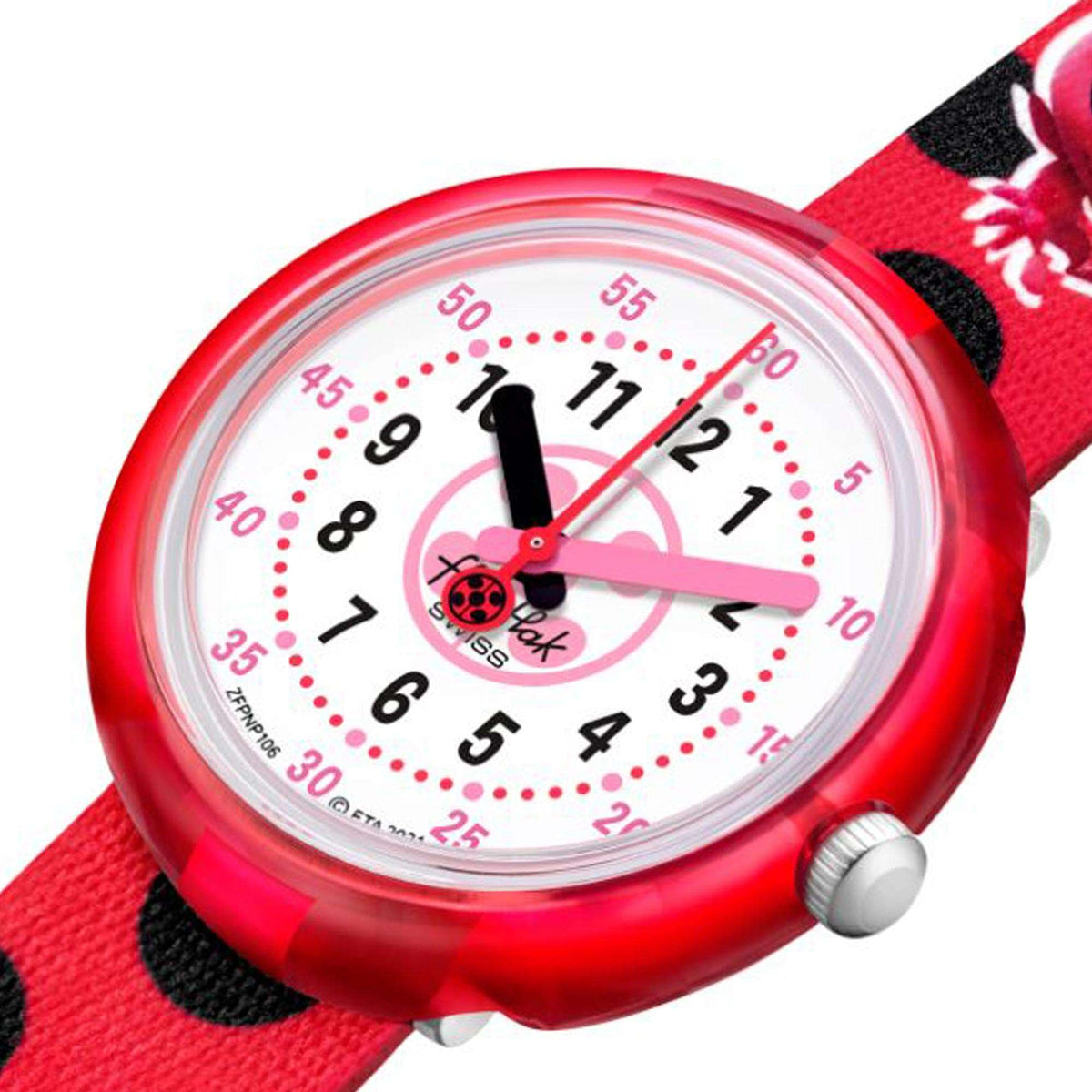 Ladybug kids watch face with white dial, red case and pink minute hand