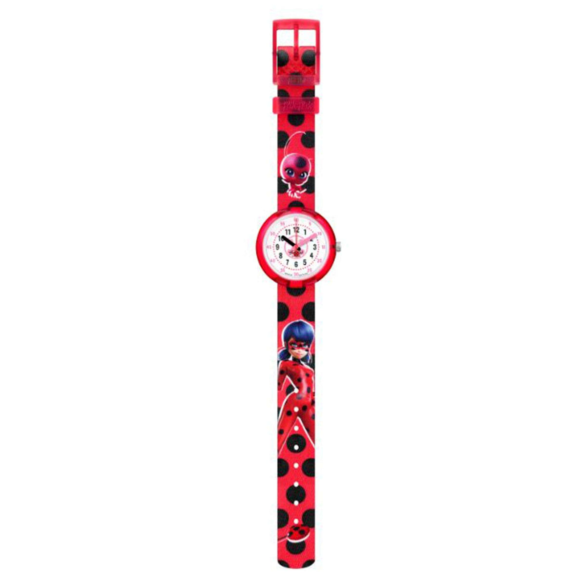 Kids ladybug watch with red case and long red strap with ladybug graphics