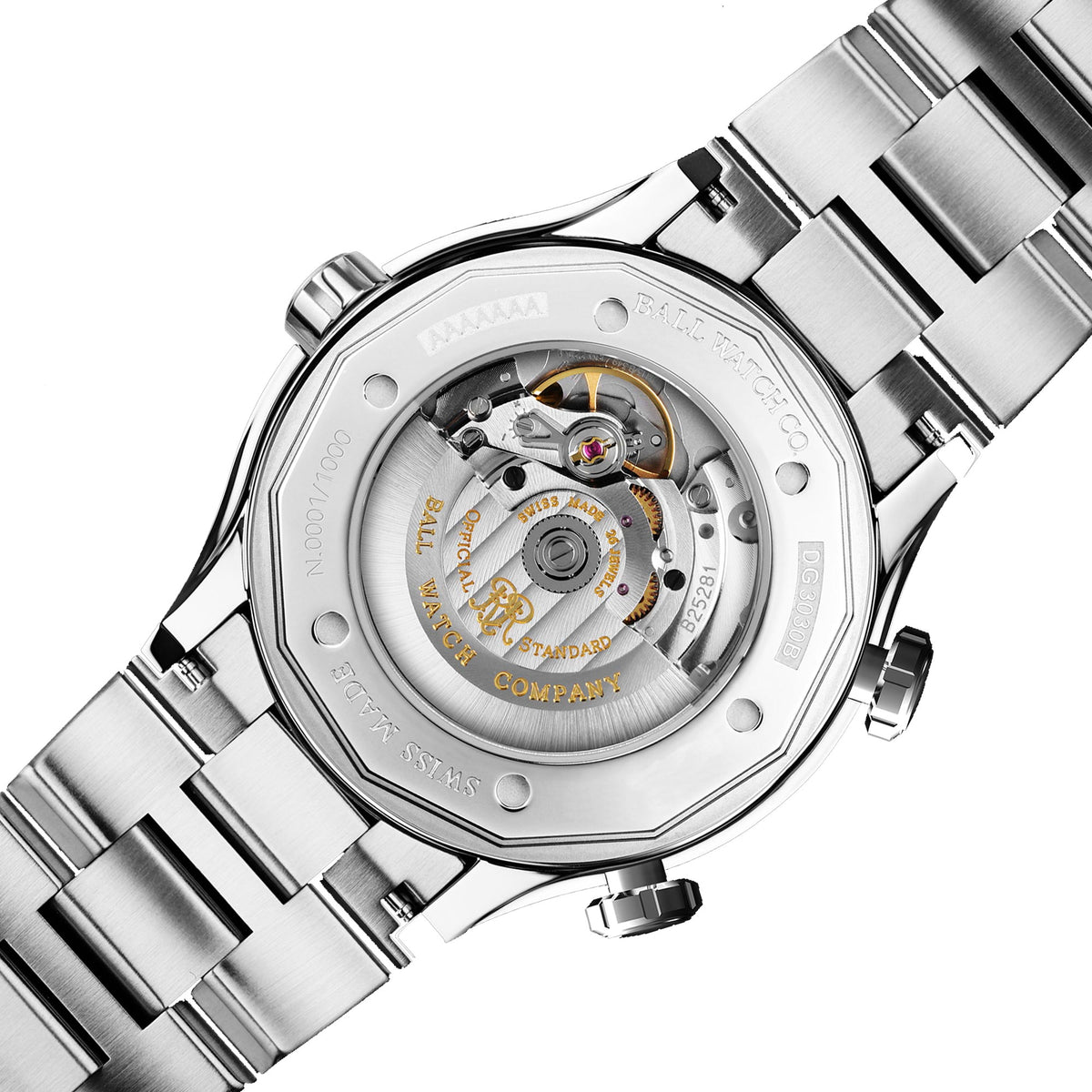 Stainless steel watch caseback with visible mechanical movement on metal bracelet
