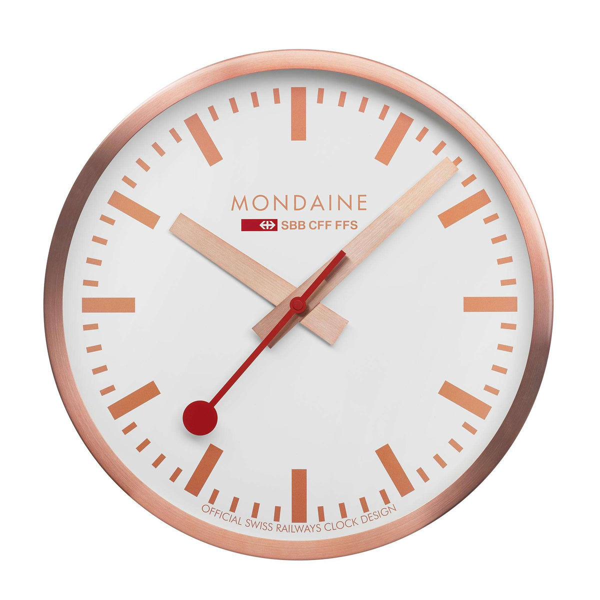 Round quartz wall clock, white dial with copper case and orange hour markers