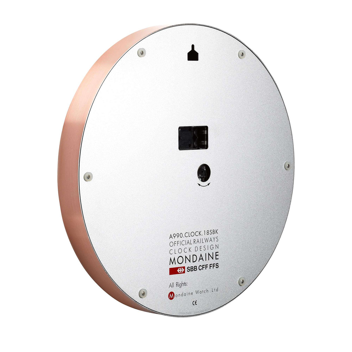 Round quartz wall clock back plate with mounting screw holes and labeled center panel