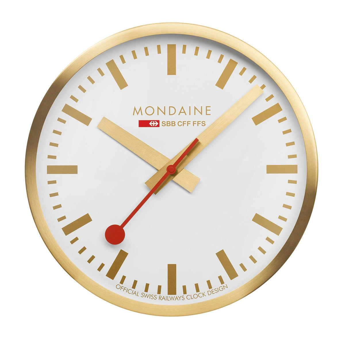 Mondaine quartz wall clock with white face and gold case, Roman numerals and hands