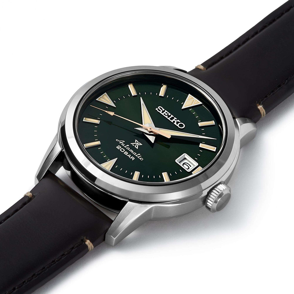 Seiko Prospex watch with green dial, gold-tone hands, black leather strap