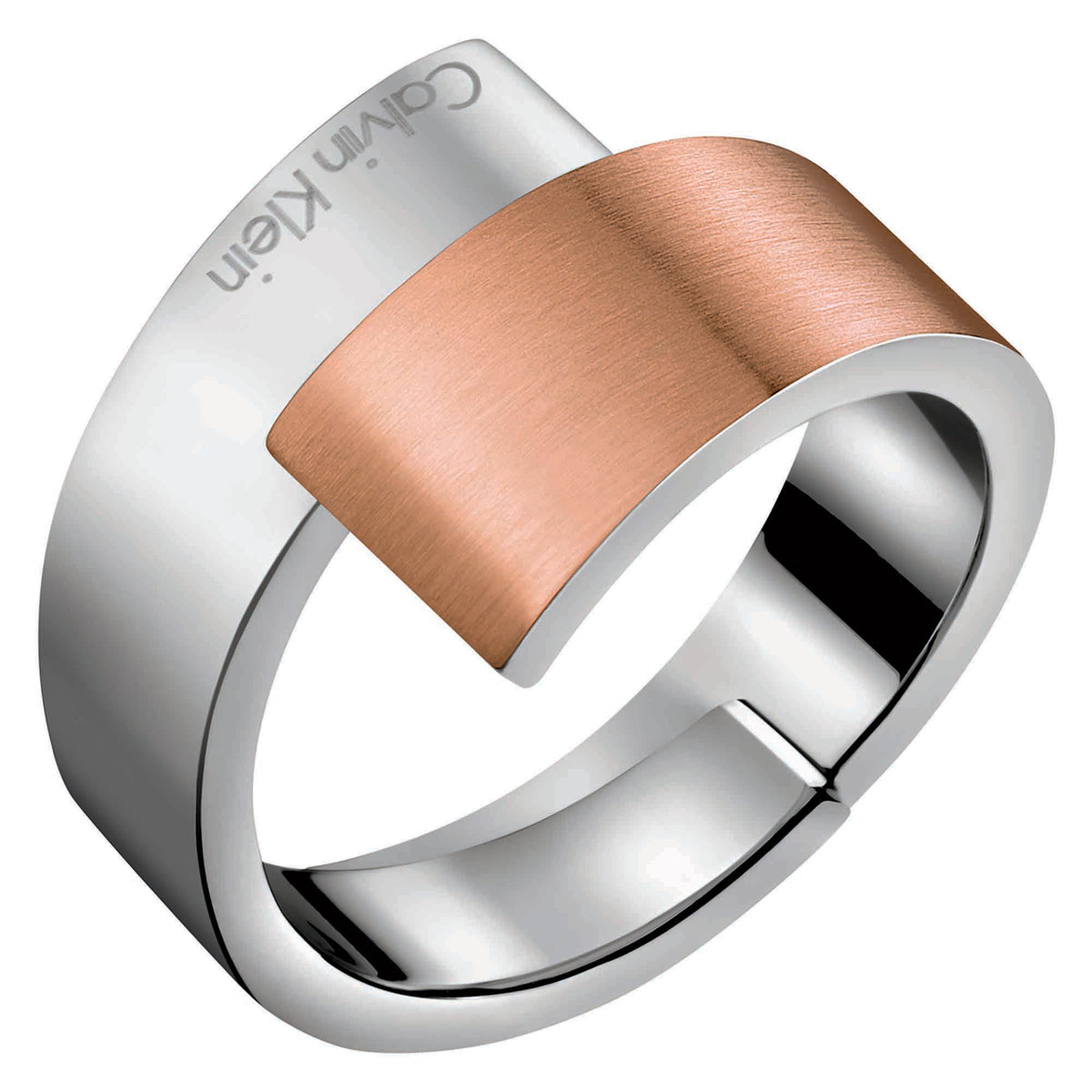 Stainless steel ring with rose gold center band and high-shine finish