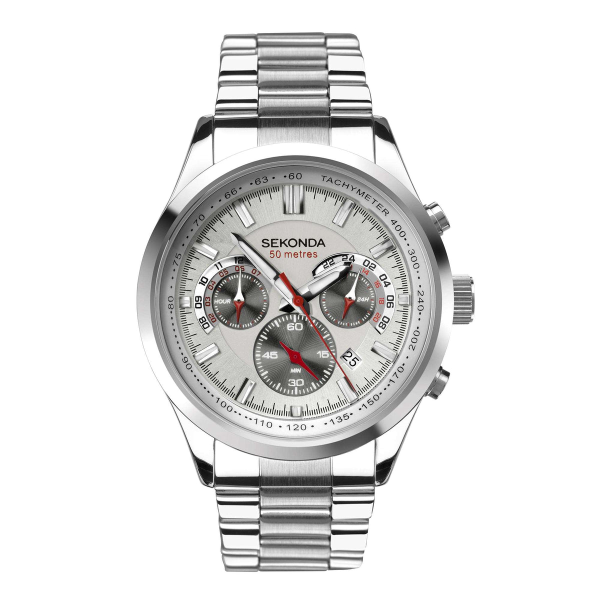 Men's stainless steel chronograph watch with white dial and metal bracelet.