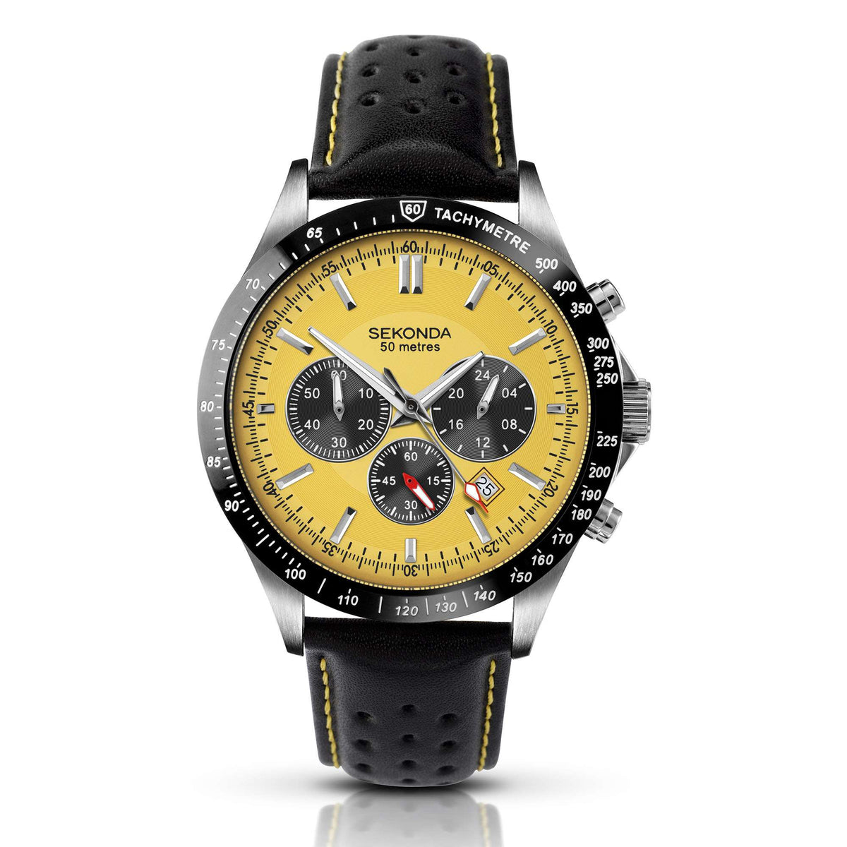 Sekonda chronograph wristwatch, yellow dial with multiple subdials, black leather strap