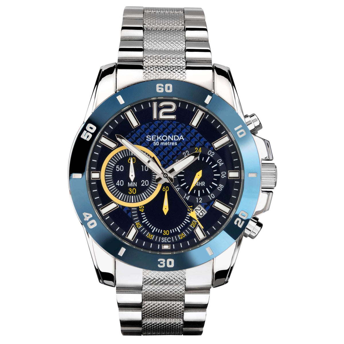 Sekonda chronograph quartz men’s watch with blue dial and stainless steel bracelet, silver bezel.