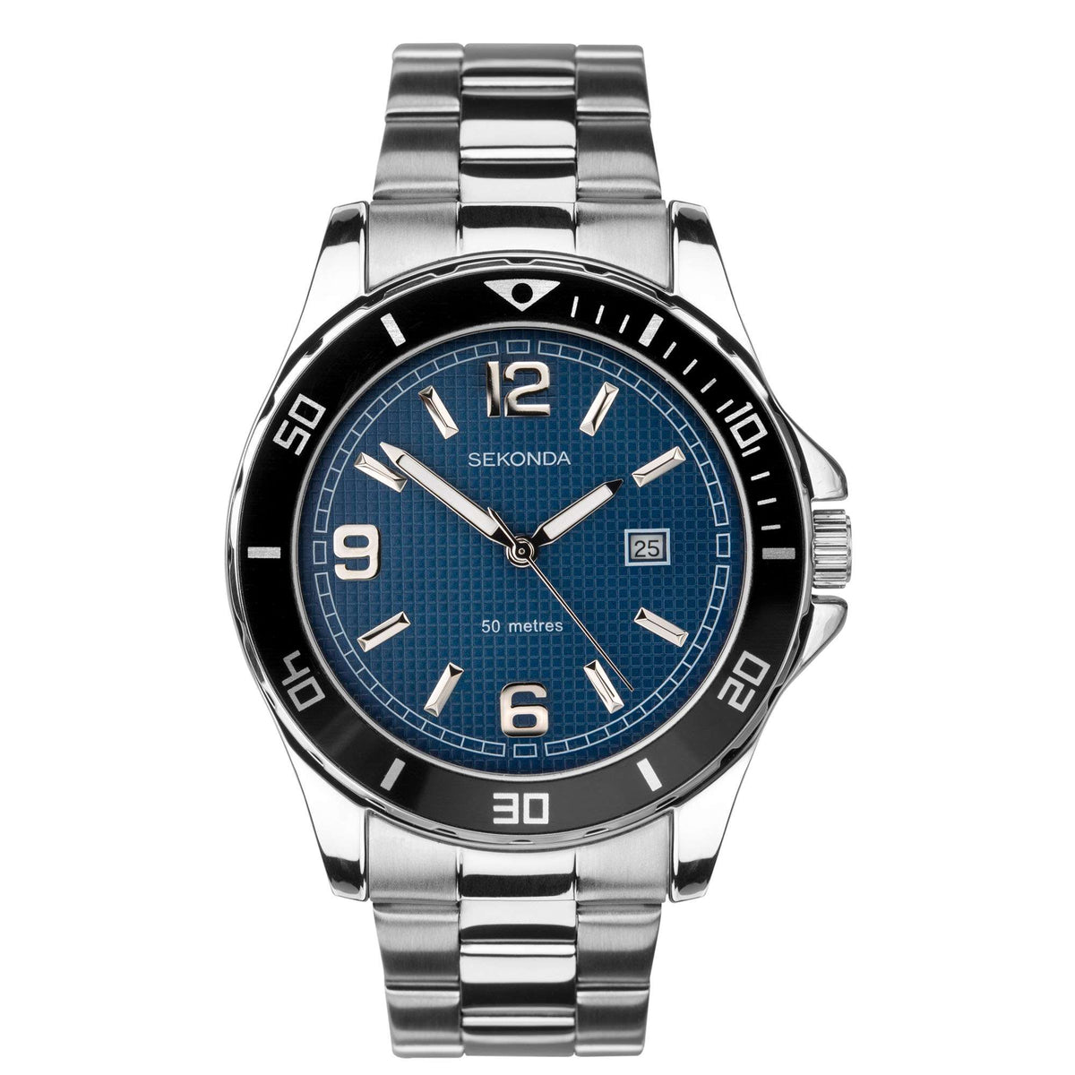 Sekonda men's stainless steel sports watch, blue dial, metal bracelet, date window