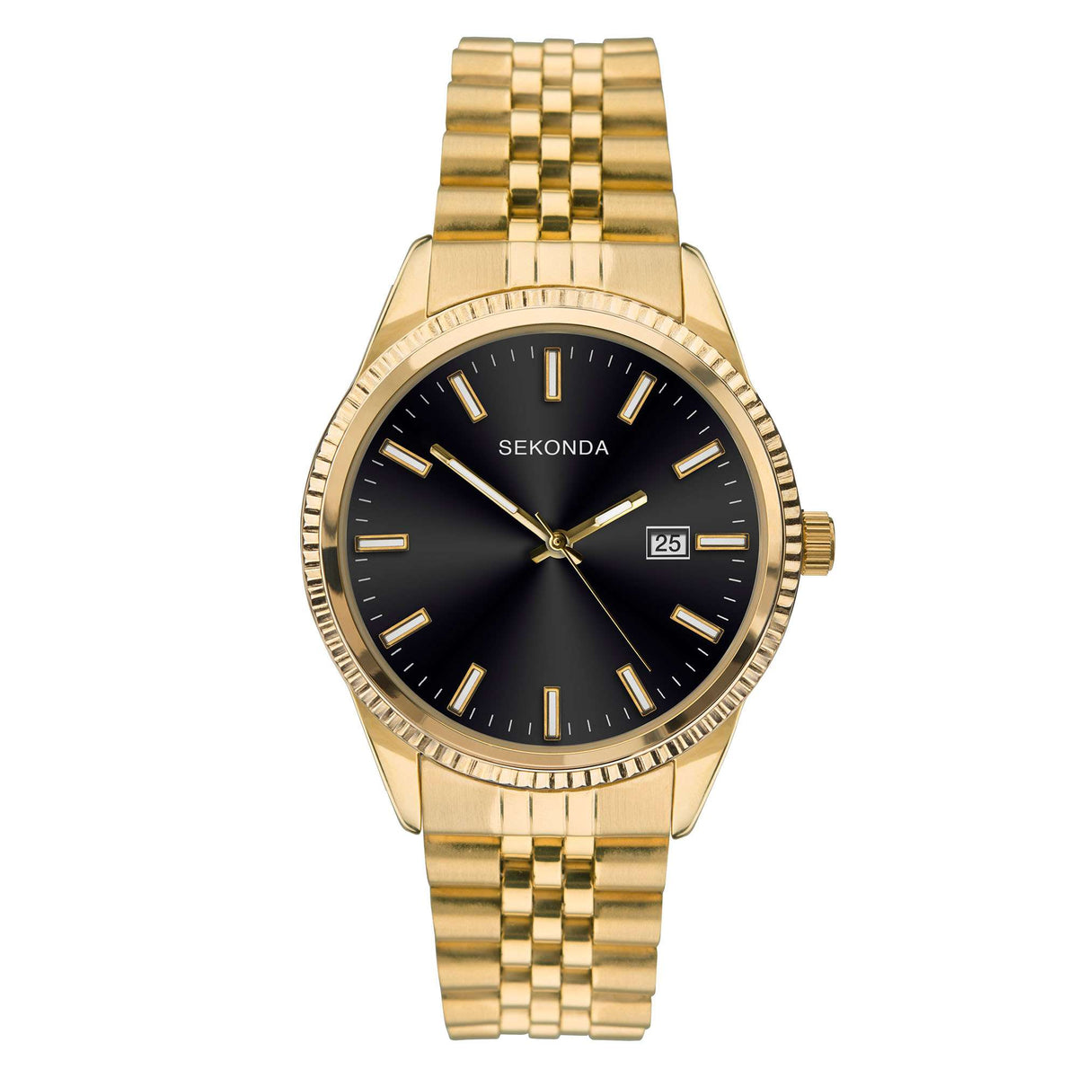Gold-tone Sekonda wristwatch showing black dial, gold baton markers, and crown detail