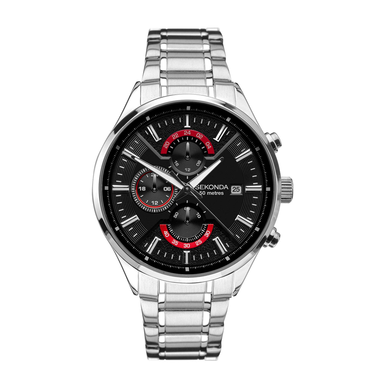 Stainless steel wristwatch with black dial, subdials, and red bezel markings