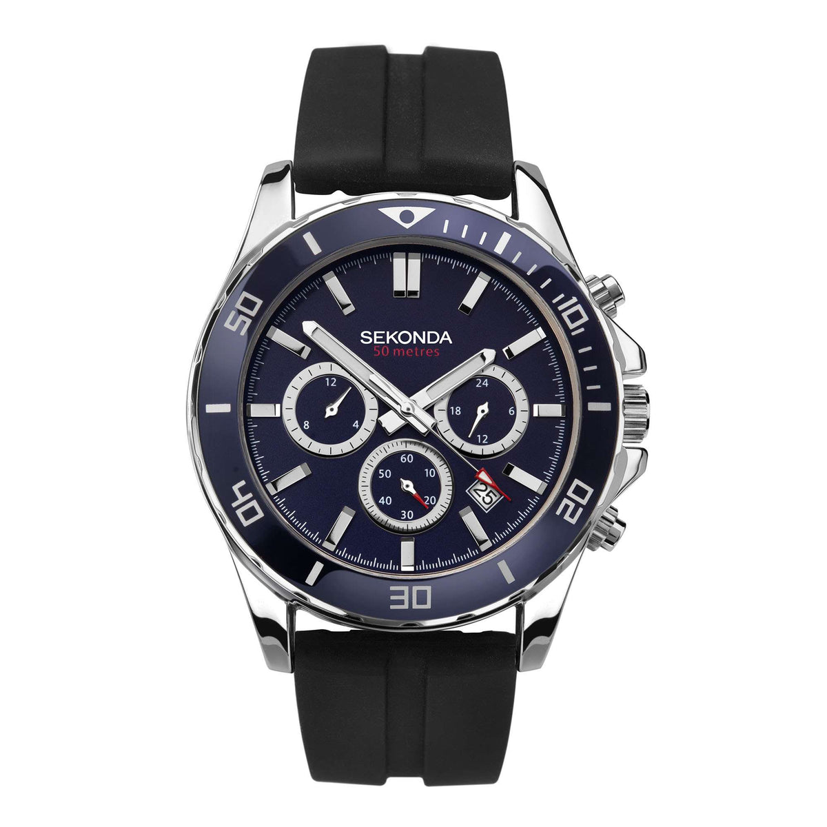 Men's sports quartz watch with blue dial, silver case, black rubber strap, chronograph subdials